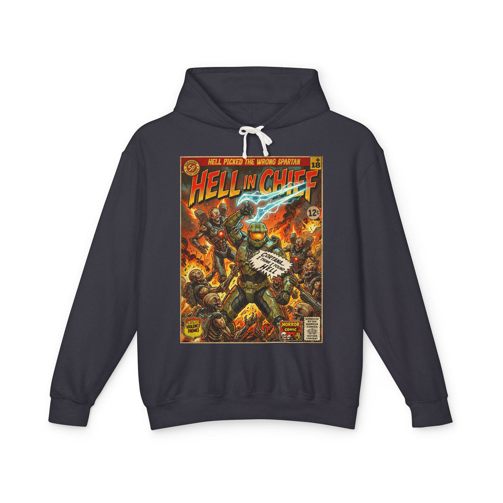 Hell in Chief Comic Cover Gaming Hoodie featuring unique vintage comic cover art. High-quality gaming apparel for retro fans by SukiPrime