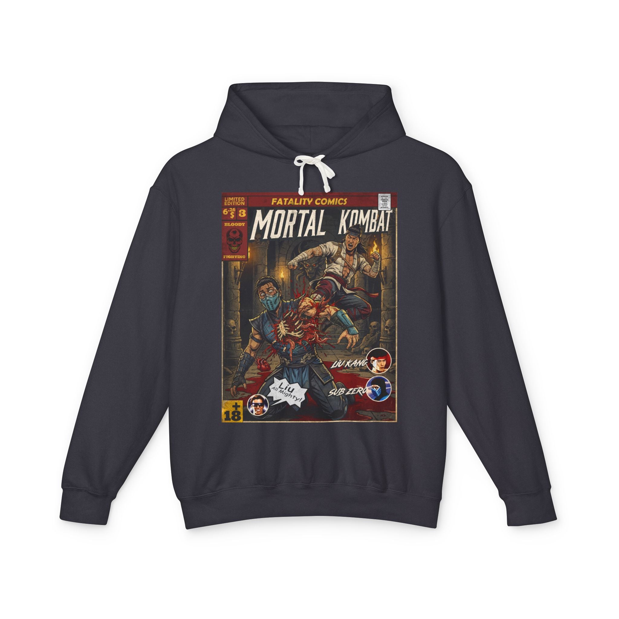 Black hoodie with 'Mortal Kombat' graphic design on a white background featuring retro vintage comic cover art gaming hoodie designed by SukiPrime