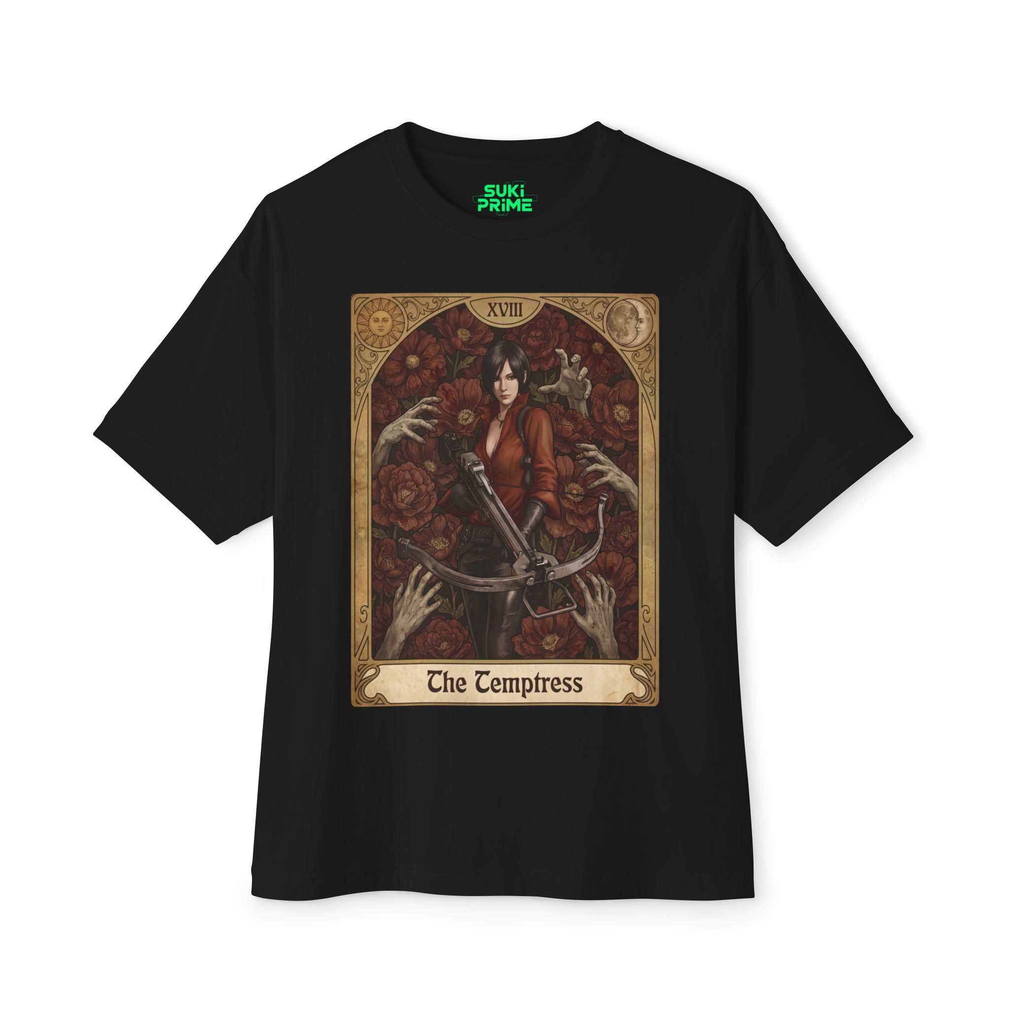 Black t-shirt with 'The Temptress' tarot card design on a white background featuring unique vintage comic cover art, High-quality gaming apparel for retro horror fans by sukiprime