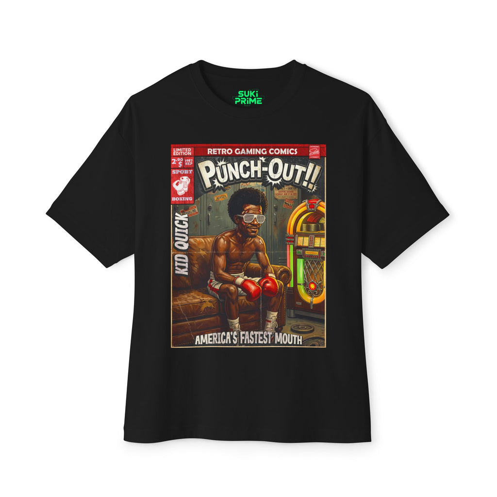 Black t-shirt with 'Punch-Out!!' graphic design featuring a character in boxing gloves on a white background featuring unique vintage comic cover art, High-quality gaming apparel for retro horror fans by sukiprime