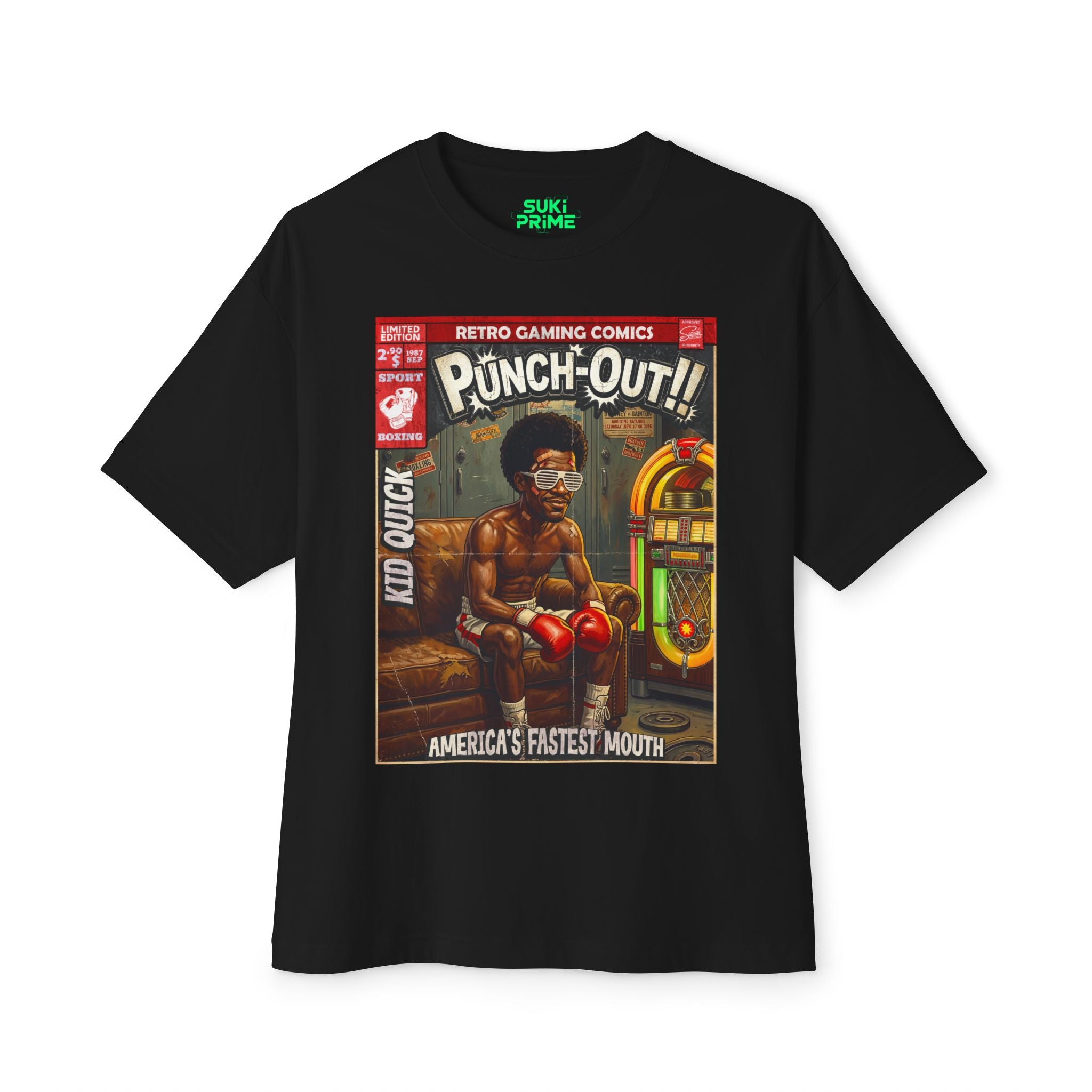 Black t-shirt with 'Punch-Out!!' graphic design featuring a character in boxing gloves on a white background featuring unique vintage comic cover art, High-quality gaming apparel for retro horror fans by sukiprime