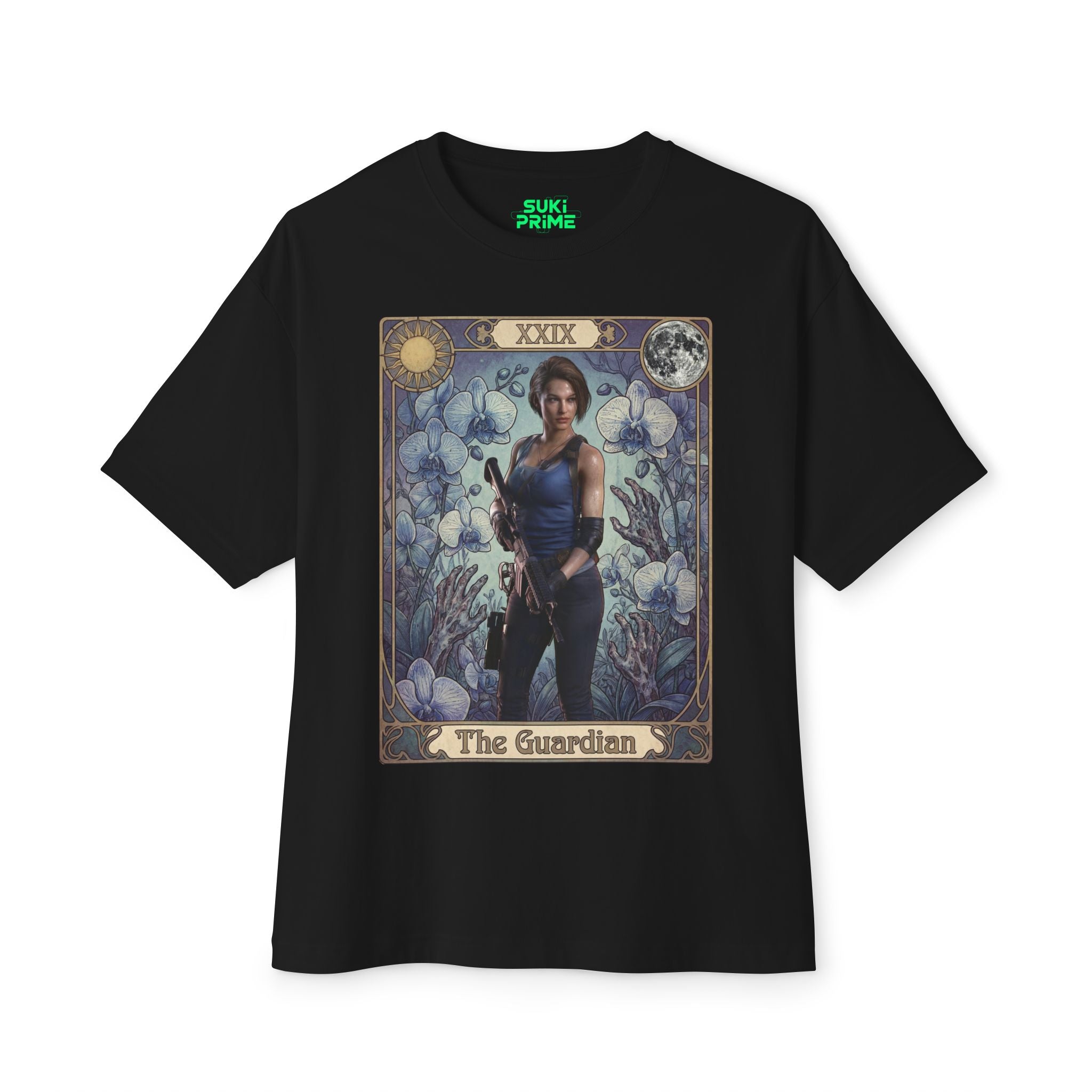 Black t-shirt with 'The Guardian' graphic design featuring a character and text on a white background featuring unique vintage comic cover art, High-quality gaming apparel for retro horror fans by sukiprime