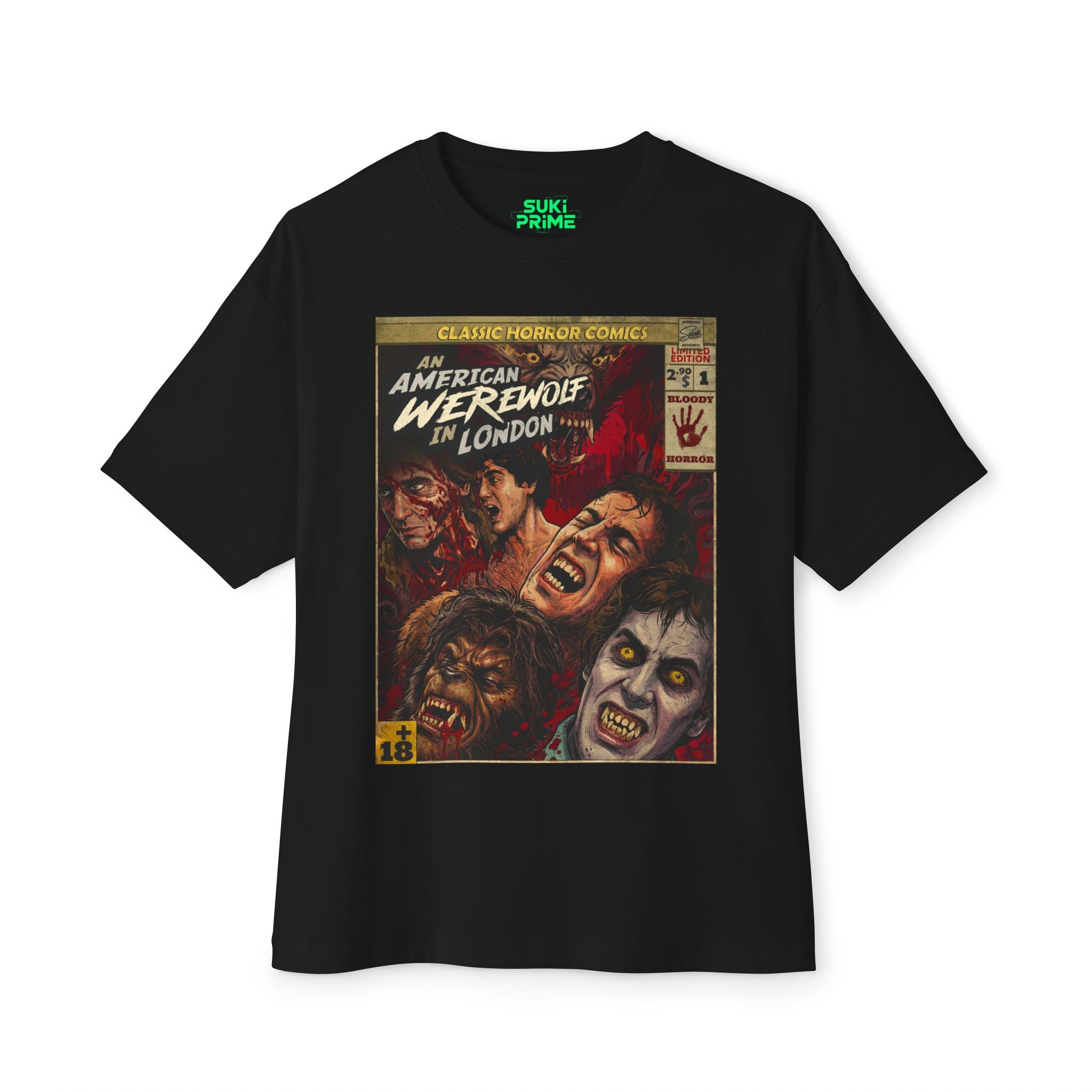 A black t-shirt featuring a vintage horror comic book cover design for "An American Werewolf in London." The graphic showcases characters from the film, including Jack Goodman as a decaying zombie and David Kessler mid-transformation into a werewolf, all illustrated in a distressed, bloody art style. The shirt is branded with SUKI PRIME on the inner neck label.