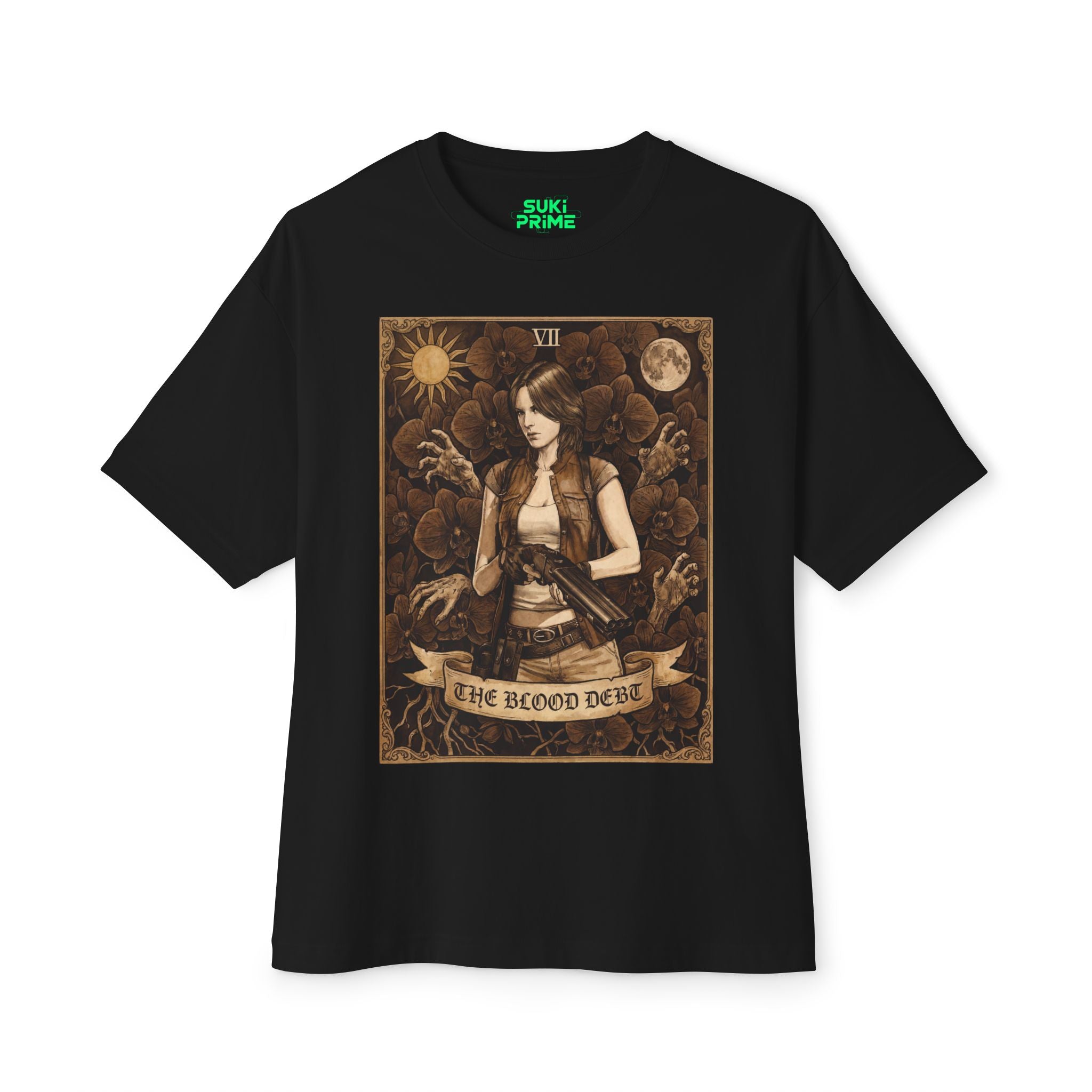 Black t-shirt with a tarot card design featuring a woman and text on a white background featuring unique vintage comic cover art, High-quality gaming apparel for retro horror fans by sukiprime