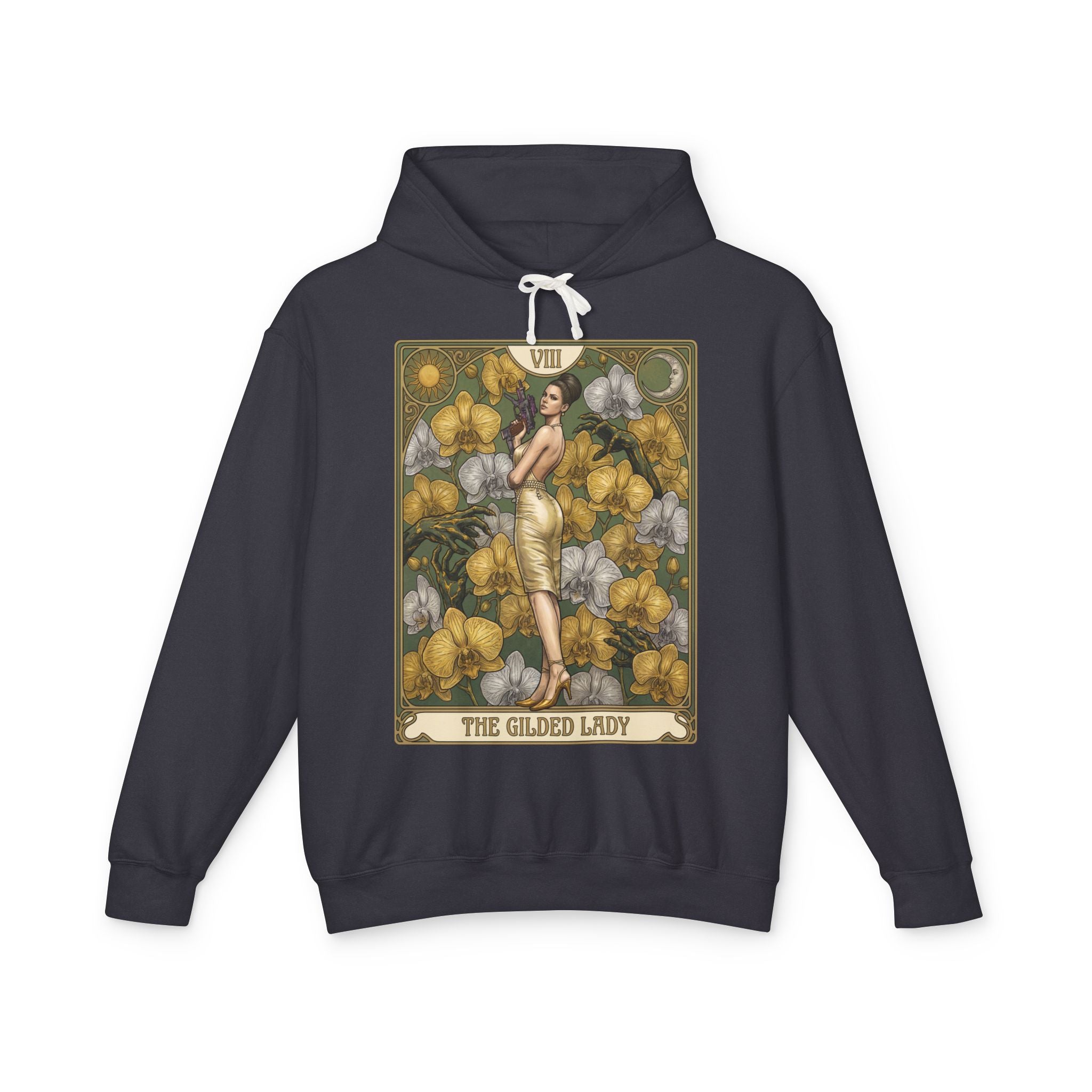 Black hoodie with 'The Gilded Lady' tarot card design on a white background featuring retro vintage comic cover art gaming hoodie designed by SukiPrime