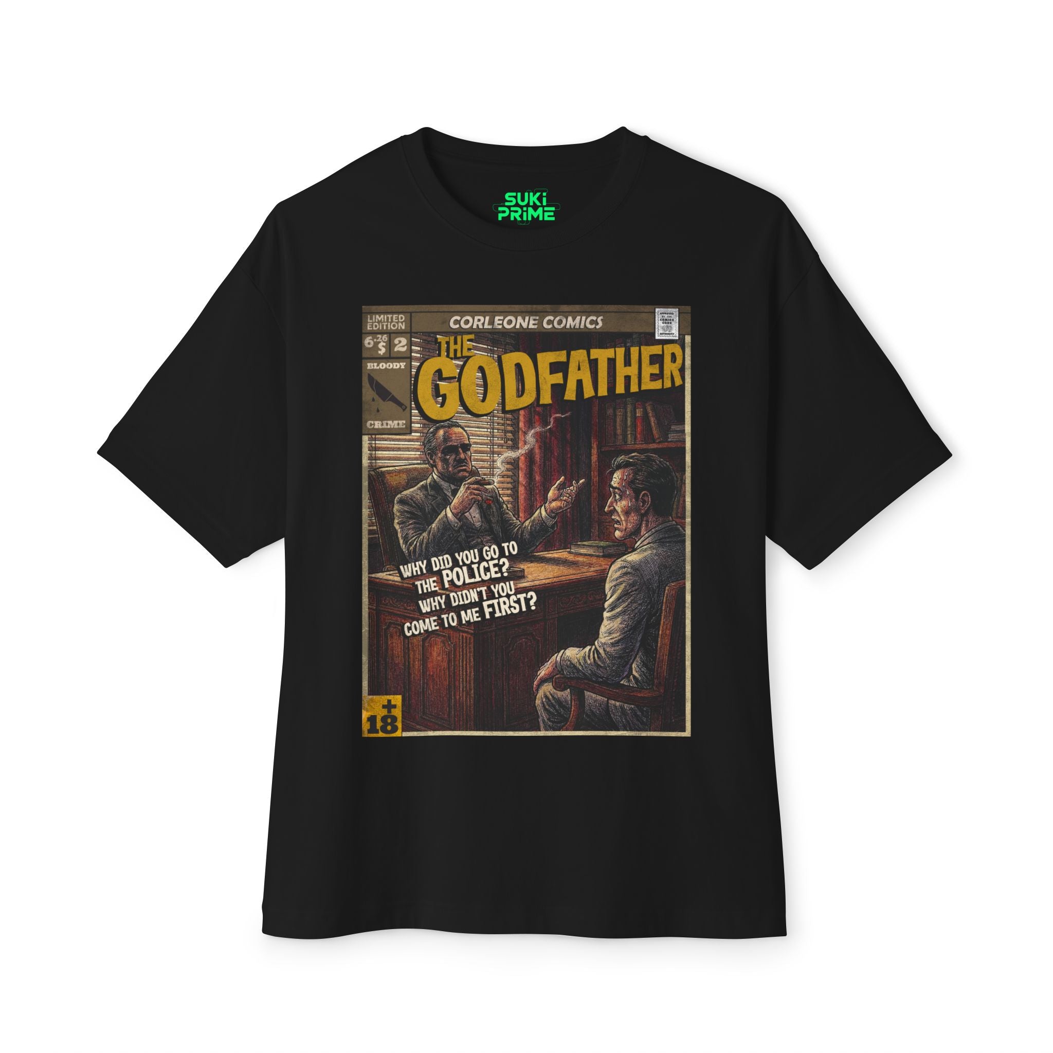 Black oversized t-shirt featuring a vintage comic book style graphic titled 'The Godfather' by Corleone Comics. The illustration depicts Don Vito Corleone sitting behind a wooden desk, smoking a cigar, and speaking to a man across from him. The scene is overlaid with the text: 'Why did you go to the police? Why didn't you come to me first?' The artwork has a dark, gritty aesthetic with muted tones of brown, red, and yellow, and the shirt's inner neckline displays a small green logo reading 'SUKI PRIME.
