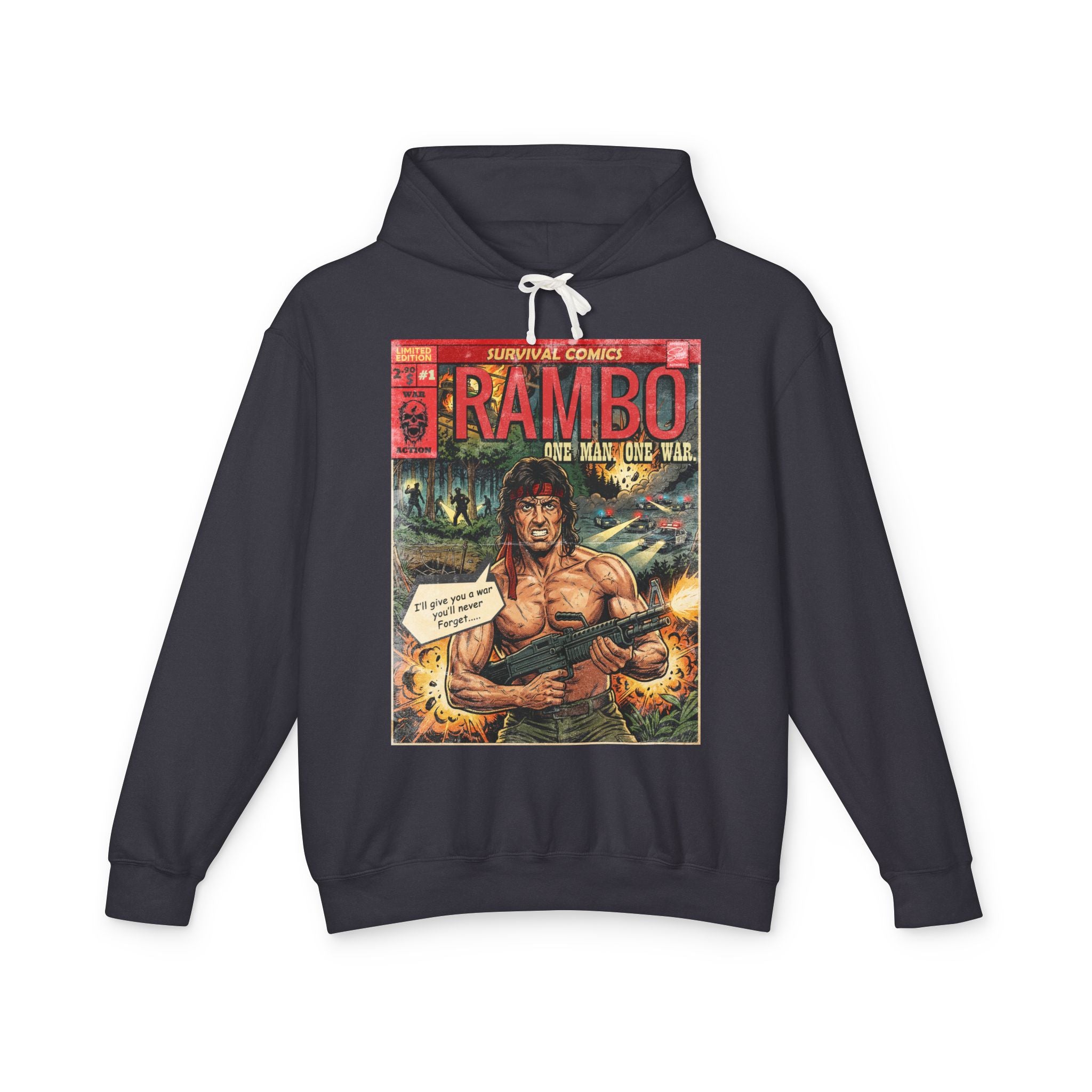 SukiPrime hoodie featuring a retro Rambo comic book cover design with Sylvester Stallone in action, showcasing vibrant colors on a black background.