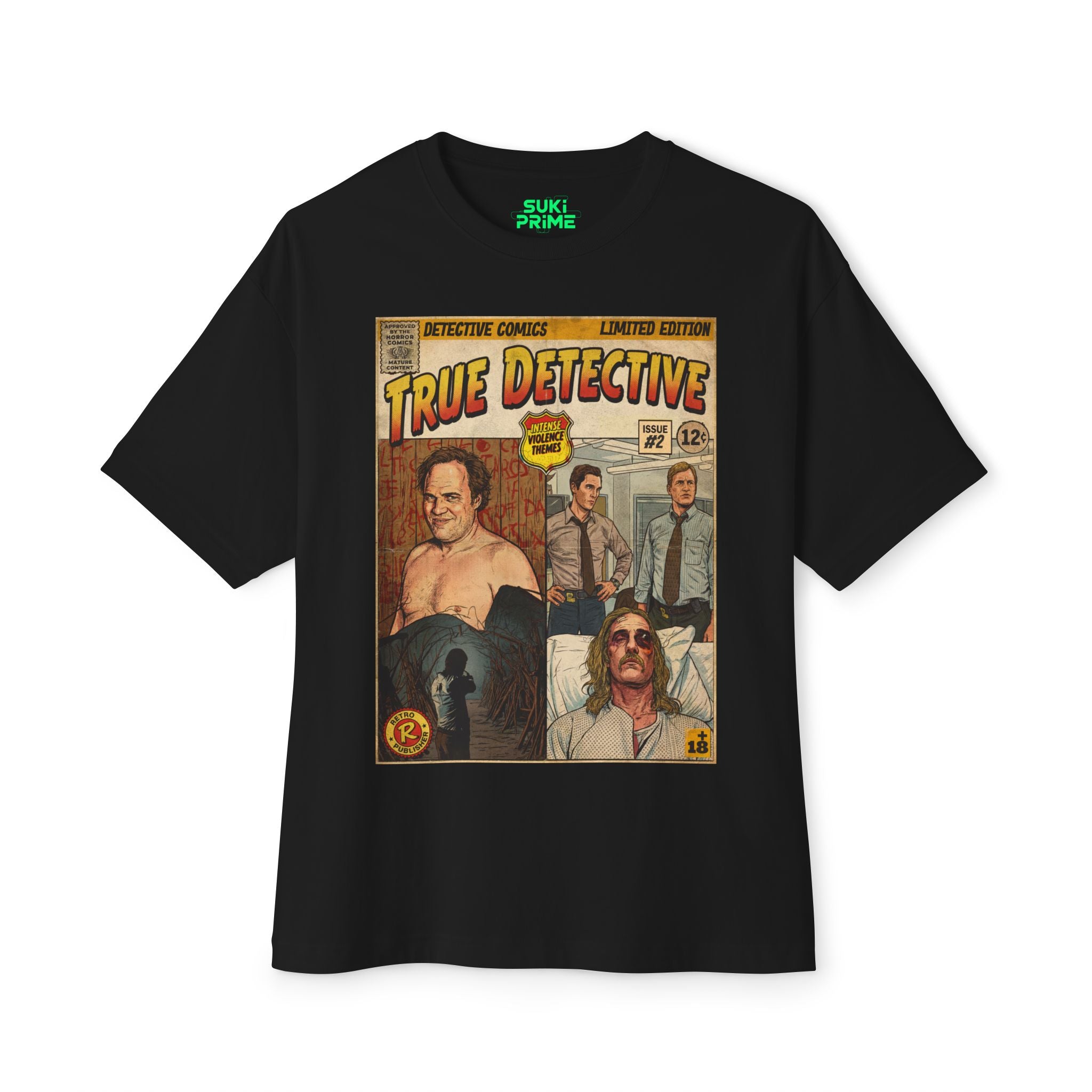 Shop Retro Vintage Comic Cover The True Detective oversized unisex t‑shirt by SukiPrime. Exclusive TV-series inspired design with nostalgic comic-cover style.