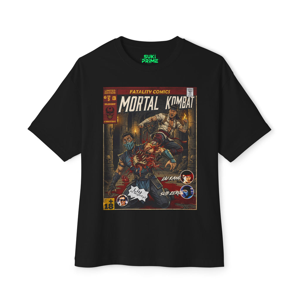 Black t-shirt with 'Mortal Kombat' comic book cover design on a white background featuring unique vintage comic cover art, High-quality gaming apparel for retro horror fans by sukiprime