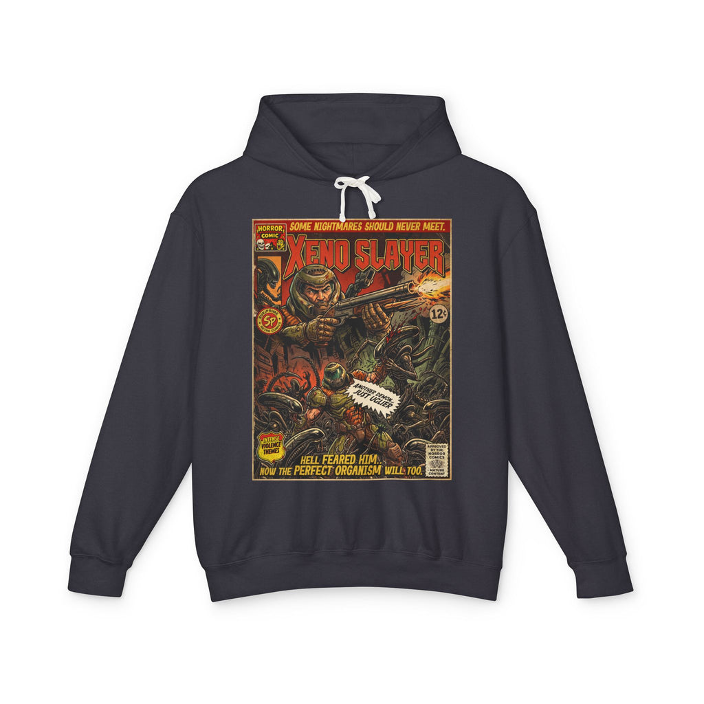 Xeno Slayer Comic Cover Gaming Hoodie featuring unique vintage comic cover art. High-quality gaming apparel for retro fans by SukiPrime