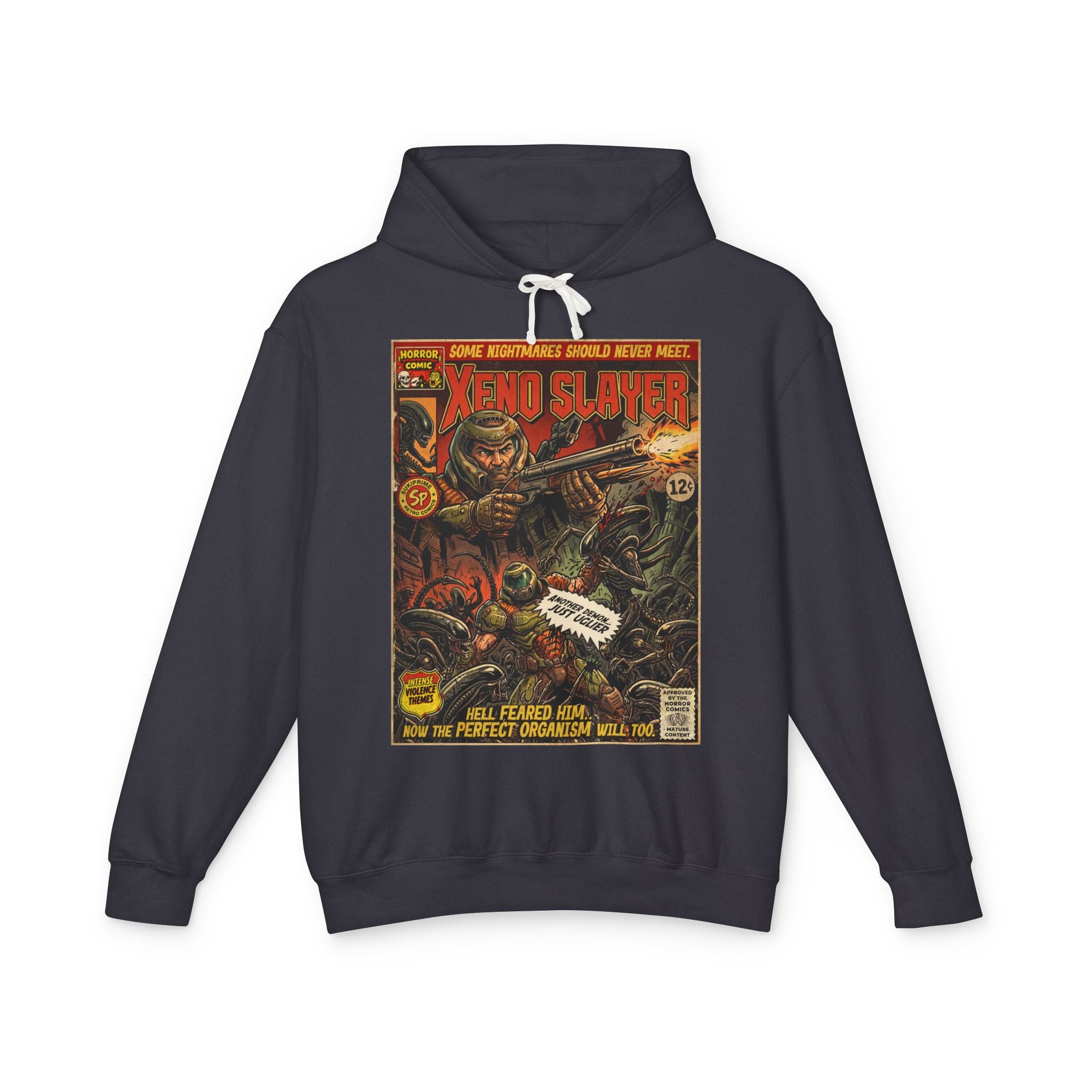 Xeno Slayer Comic Cover Gaming Hoodie featuring unique vintage comic cover art. High-quality gaming apparel for retro fans by SukiPrime