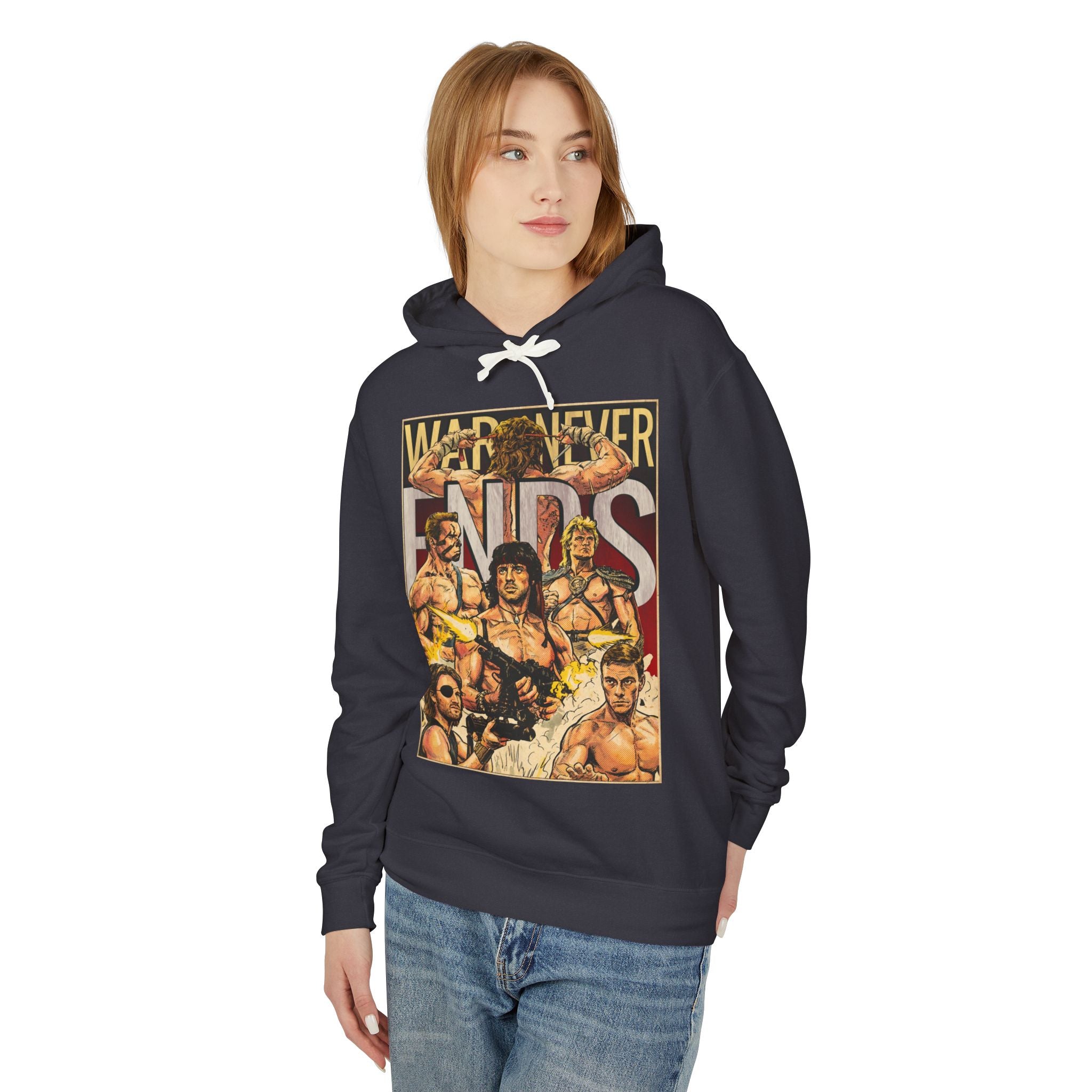 War Never Ends 80's Action Movie Comic Cover Hoodie