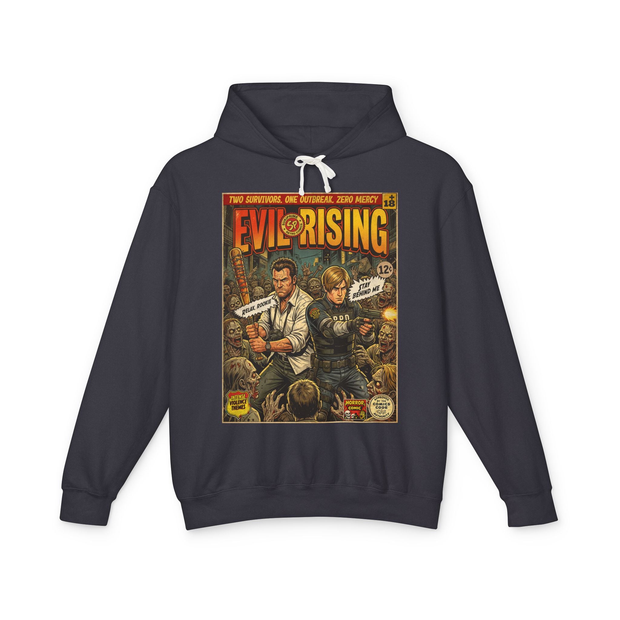 Evil Rising Comic Cover Gaming Hoodie featuring unique vintage comic cover art. High-quality gaming apparel for retro fans by SukiPrime