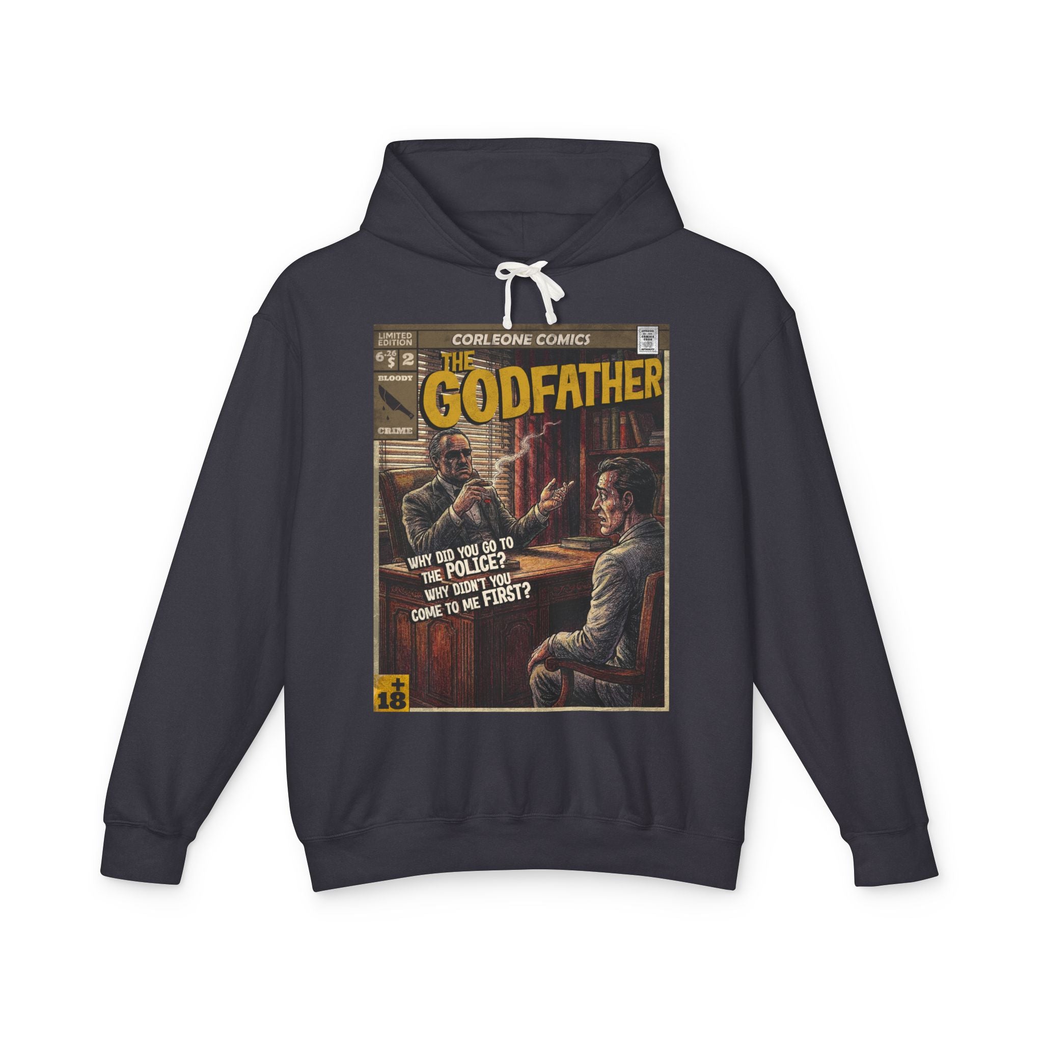 Black hoodie from SukiPrime featuring The Godfather comic art with Vito Corleone and iconic quote. Perfect for vintage streetwear fans.
