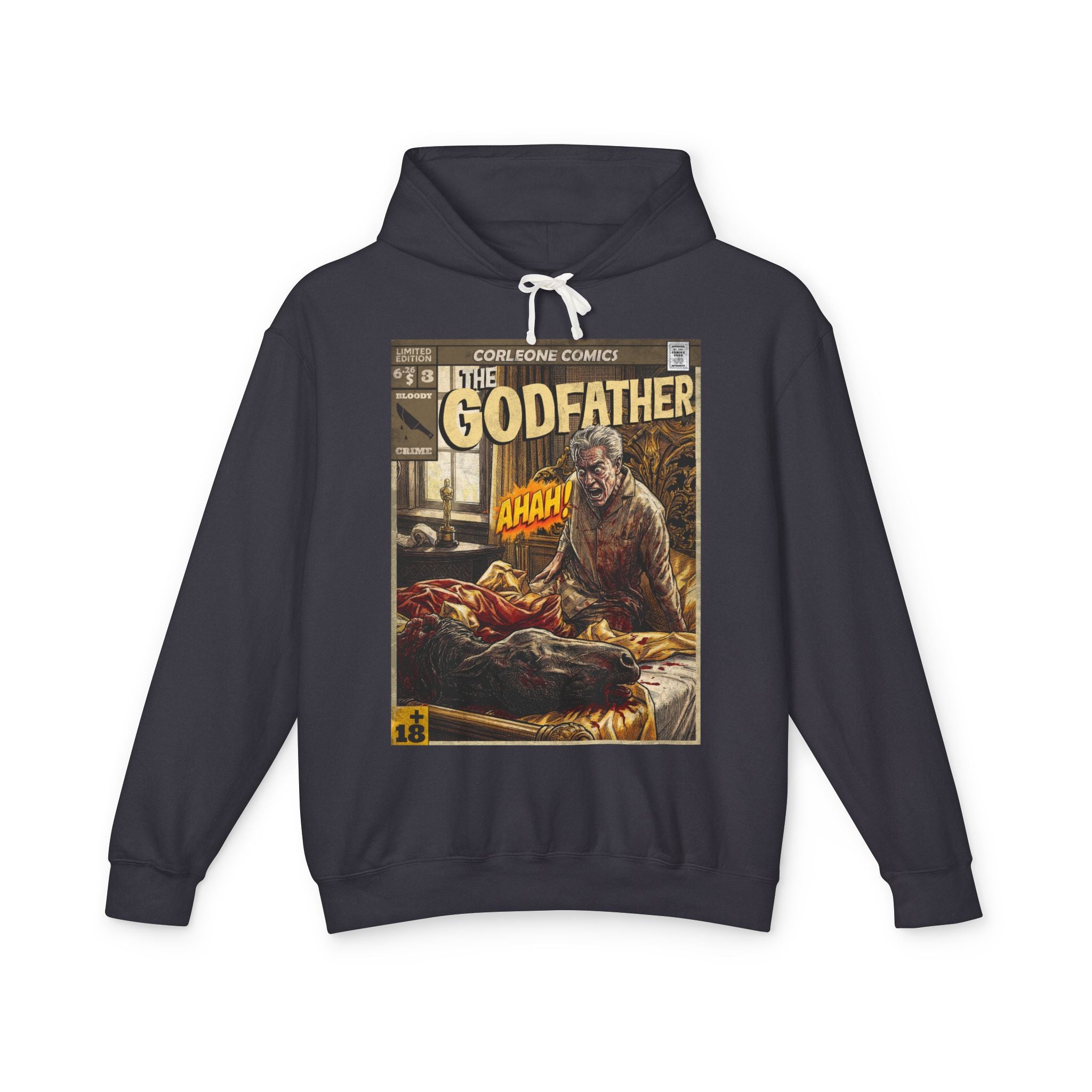 SukiPrime black hoodie showcasing The Godfather comic art with the iconic horse head scene in a vintage style.