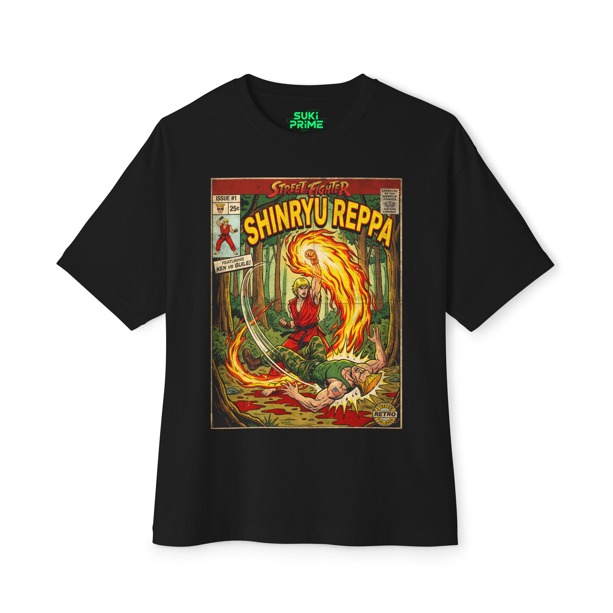 Black t-shirt with a colorful graphic design on a white background featuring unique vintage comic cover art, High-quality gaming apparel for retro horror fans by sukiprime