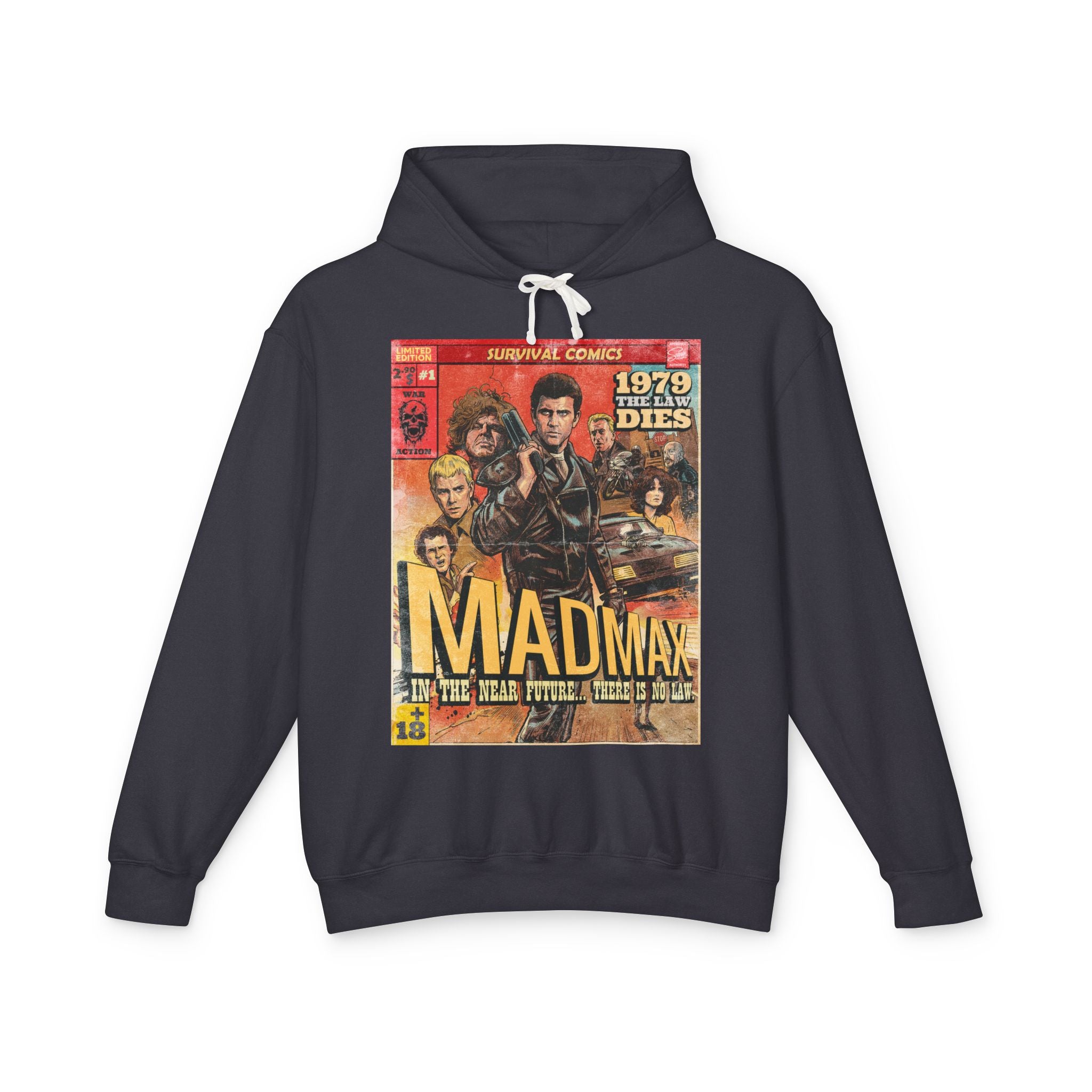 SukiPrime black pullover hoodie featuring a vintage 1979 Mad Max comic book cover graphic. Ideal for movie enthusiasts.
