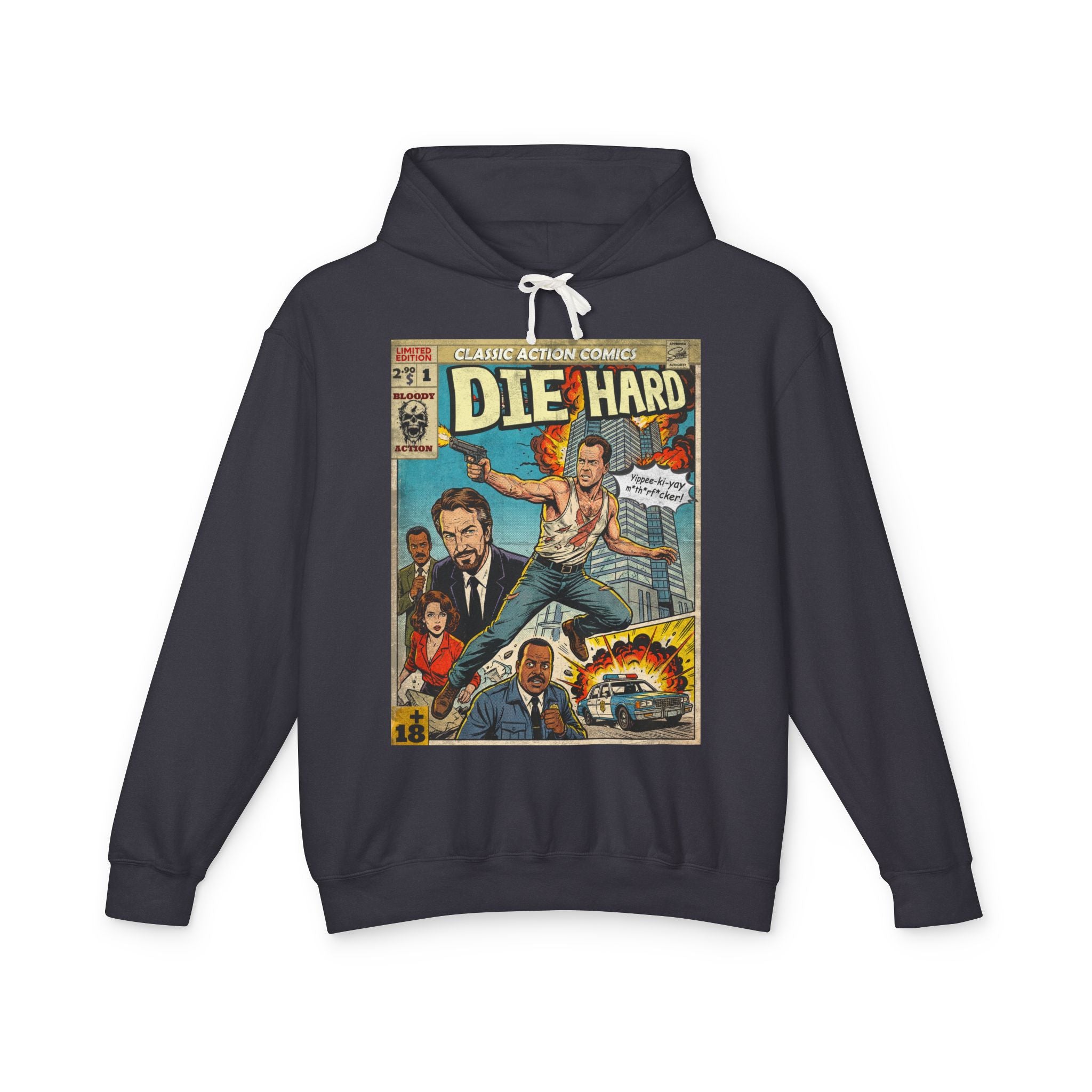 SukiPrime hoodie featuring a vintage Die Hard comic book design with iconic characters John McClane and Hans Gruber.
