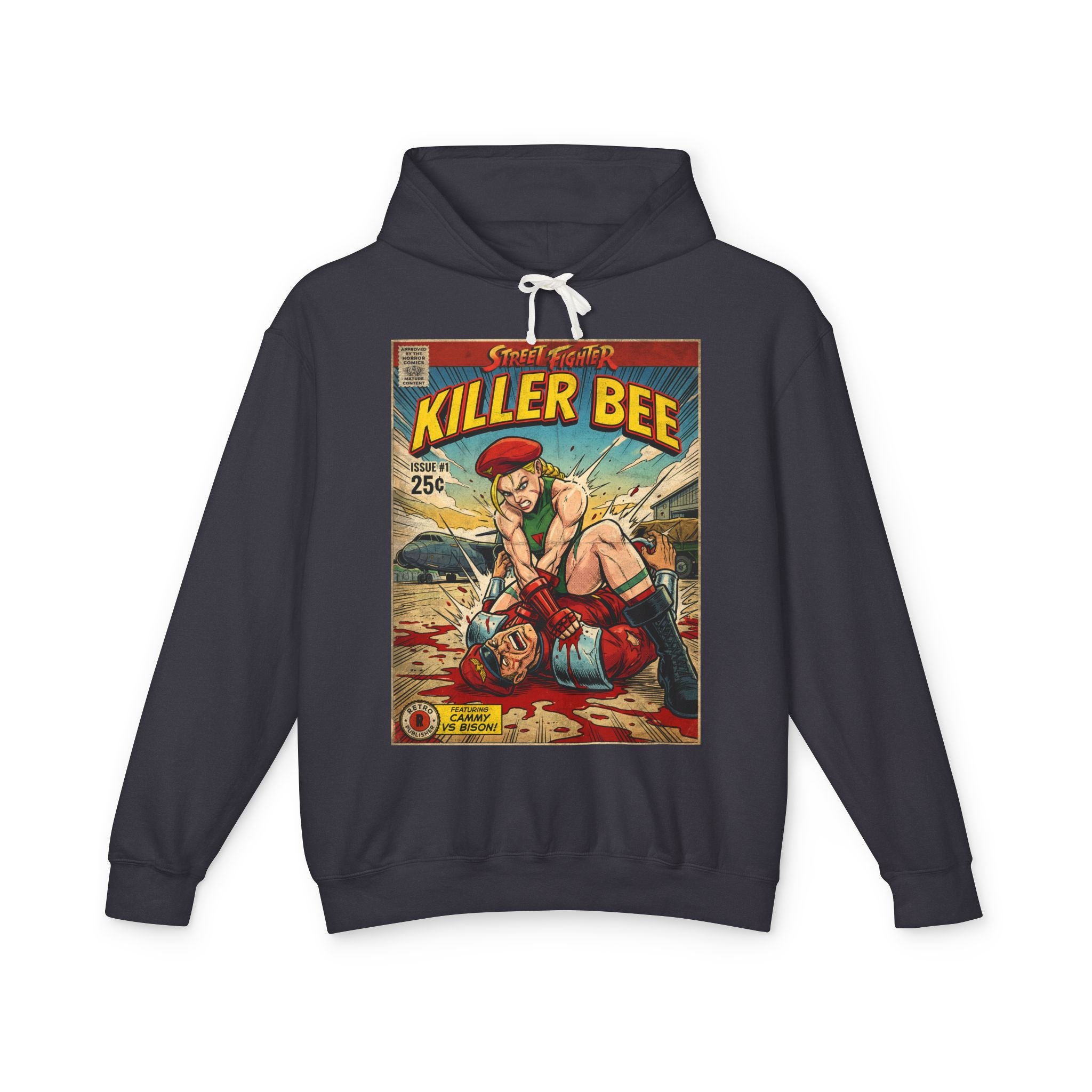 Black hoodie with 'Killer Bee' cammy from street fighter fighting bison comic book cover design featuring retro vintage comic cover art gaming hoodie designed by SukiPrime