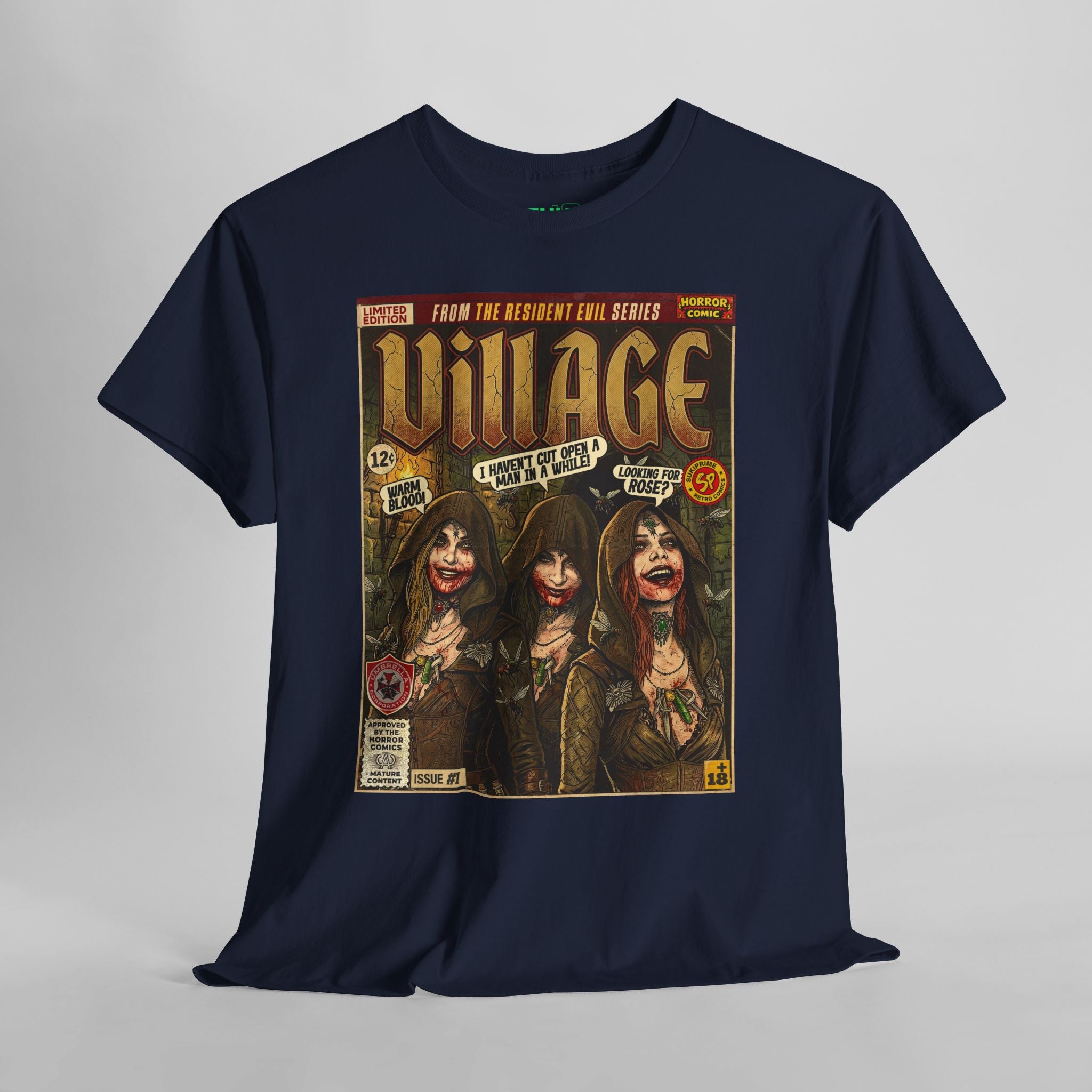 Navy blue Black Resident Evil Village Comic Art T-Shirt by SukiPrime