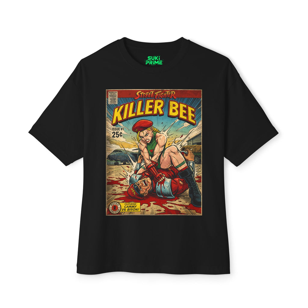 Black t-shirt with 'Killer Bee' comic book cover graphic on a white background featuring unique vintage comic cover art, High-quality gaming apparel for retro horror fans by sukiprime