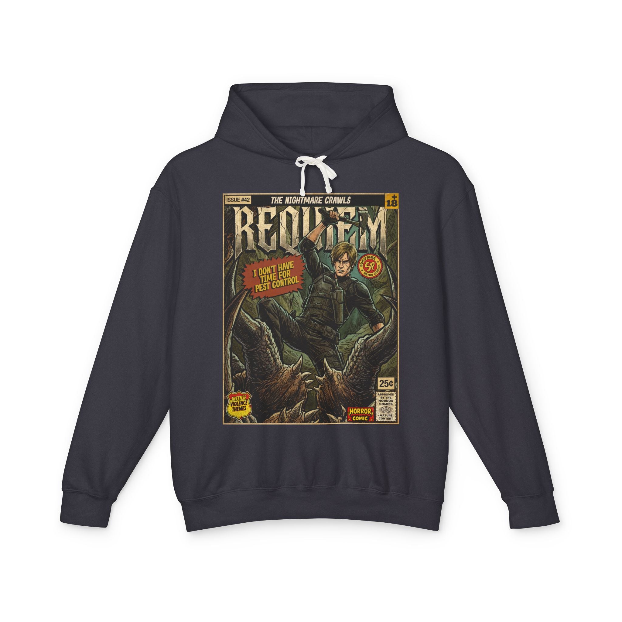 Resident Evil Requiem Comic Cover Gaming Hoodie featuring unique vintage comic cover art. High-quality gaming apparel for retro fans by SukiPrime