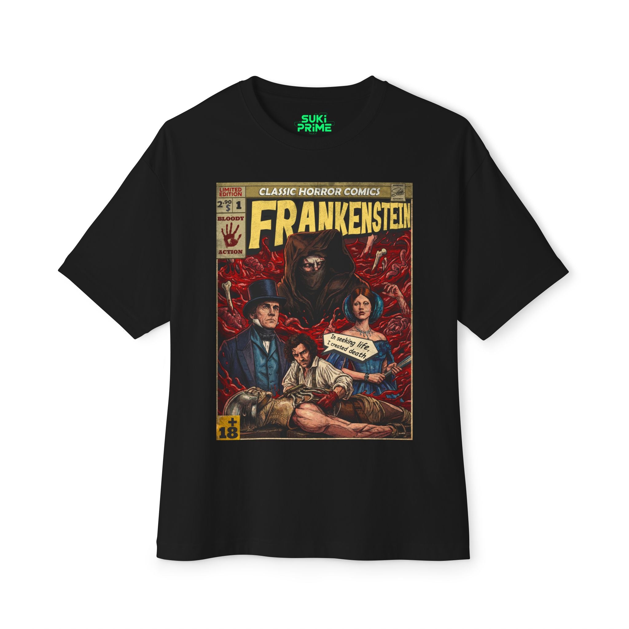 A black short-sleeved t-shirt featuring a vintage 'Classic Horror Comics' graphic titled 'Frankenstein.' The design resembles a 1950s comic book cover with a weathered texture, depicting Victor Frankenstein leaning over a body, accompanied by a man in a top hat, a woman in a blue dress, and a hooded figure in the background, all against a backdrop of blood and bones. A speech bubble states, 'In seeking life, I created death.' The t-shirt is laid flat on a white background