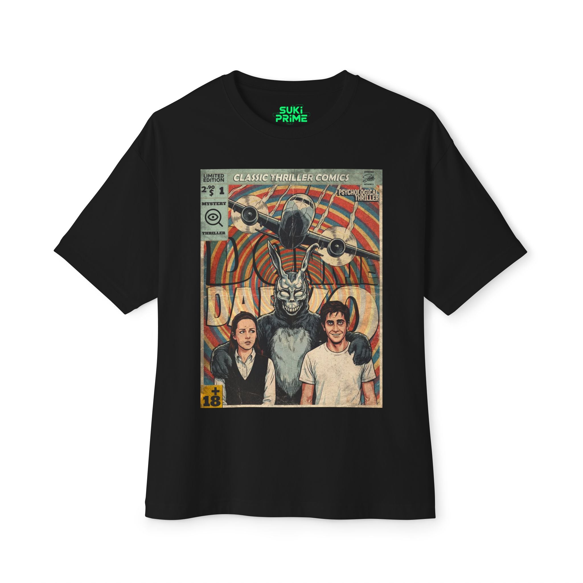 A black oversized t-shirt featuring a vintage comic book-style graphic inspired by the film Donnie Darko. The design includes characters Donnie, Gretchen, and Frank the Rabbit against a psychedelic swirling background, with a commercial airplane flying above and the text "Classic Thriller Comics" and "Donnie Darko" in a retro font
