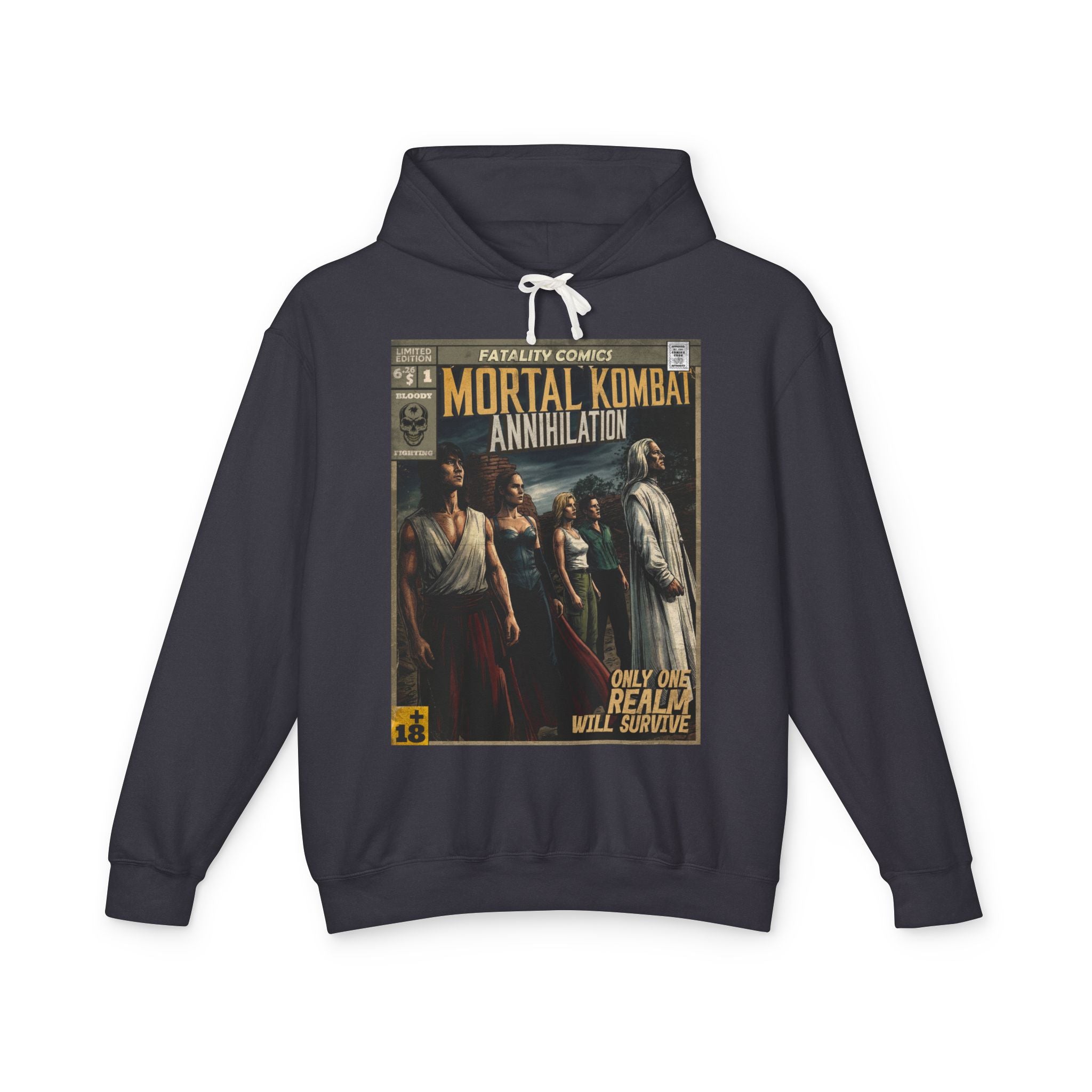 SukiPrime black hoodie featuring a retro comic book graphic of Raiden and Liu Kang from Mortal Kombat Annihilation.