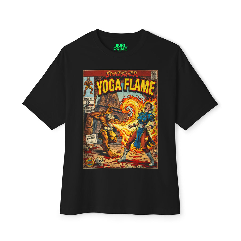Black t-shirt with a comic book-style design featuring two characters and the text 'Yoga Flame' on a white background featuring unique vintage comic cover art, High-quality gaming apparel for retro horror fans by sukiprime