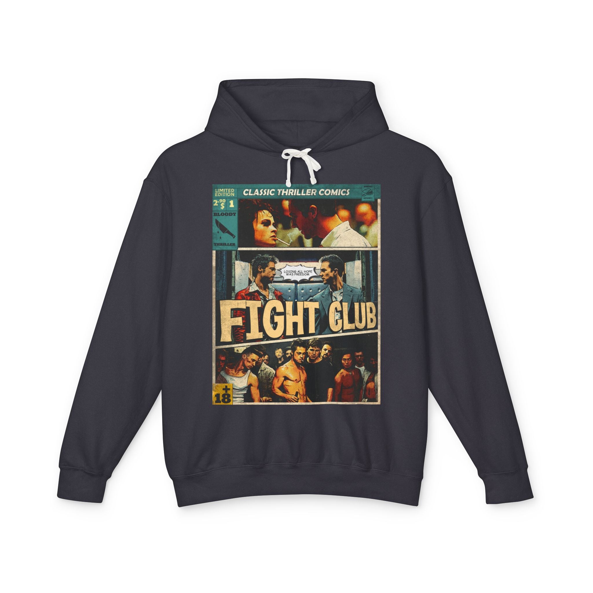 SukiPrime charcoal hoodie with vintage Fight Club comic design featuring Tyler Durden and The Narrator, perfect for movie enthusiasts.