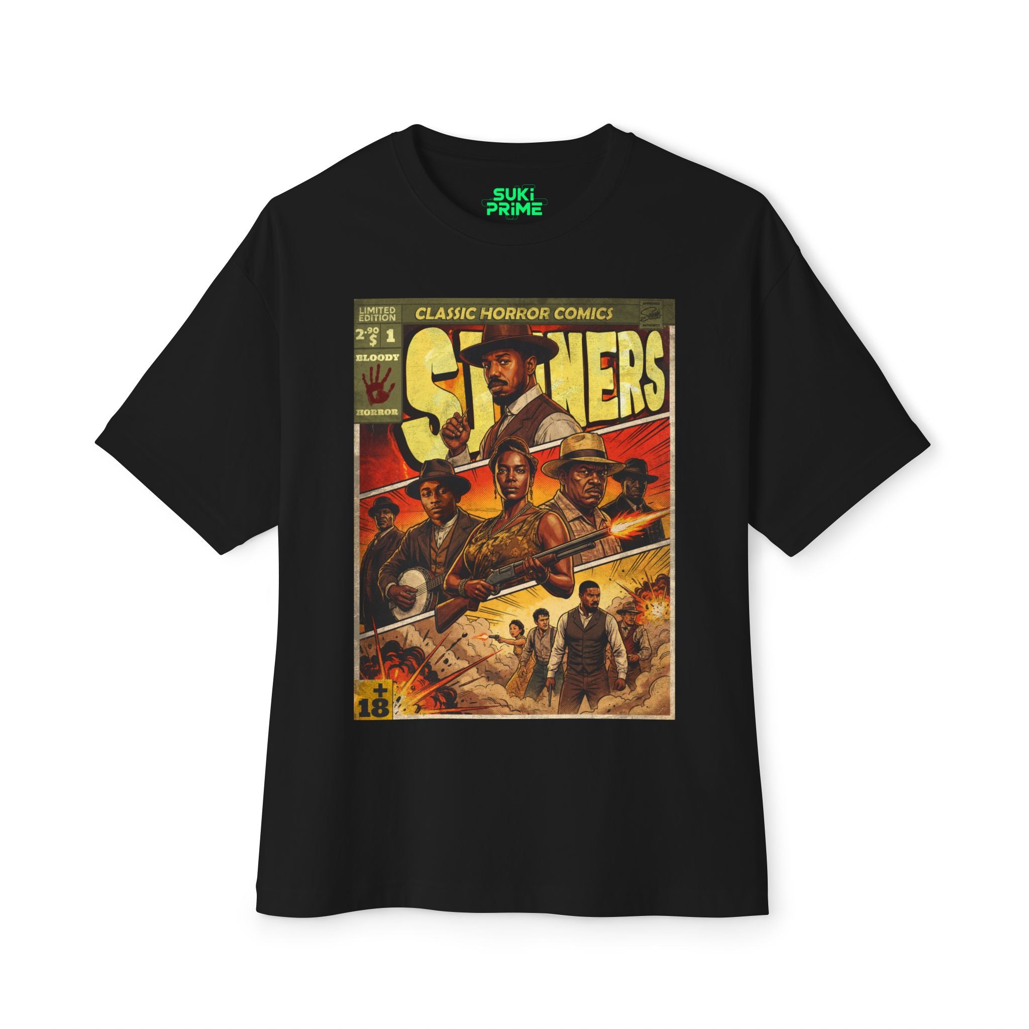 A black oversized t-shirt featuring a vintage comic book style graphic titled "SINNERS." The design showcases a classic horror theme with illustrations of several people in Western-style attire, including a woman with a shotgun and men in fedoras, set against a backdrop of warm orange and yellow tones that mimic aged paper textures