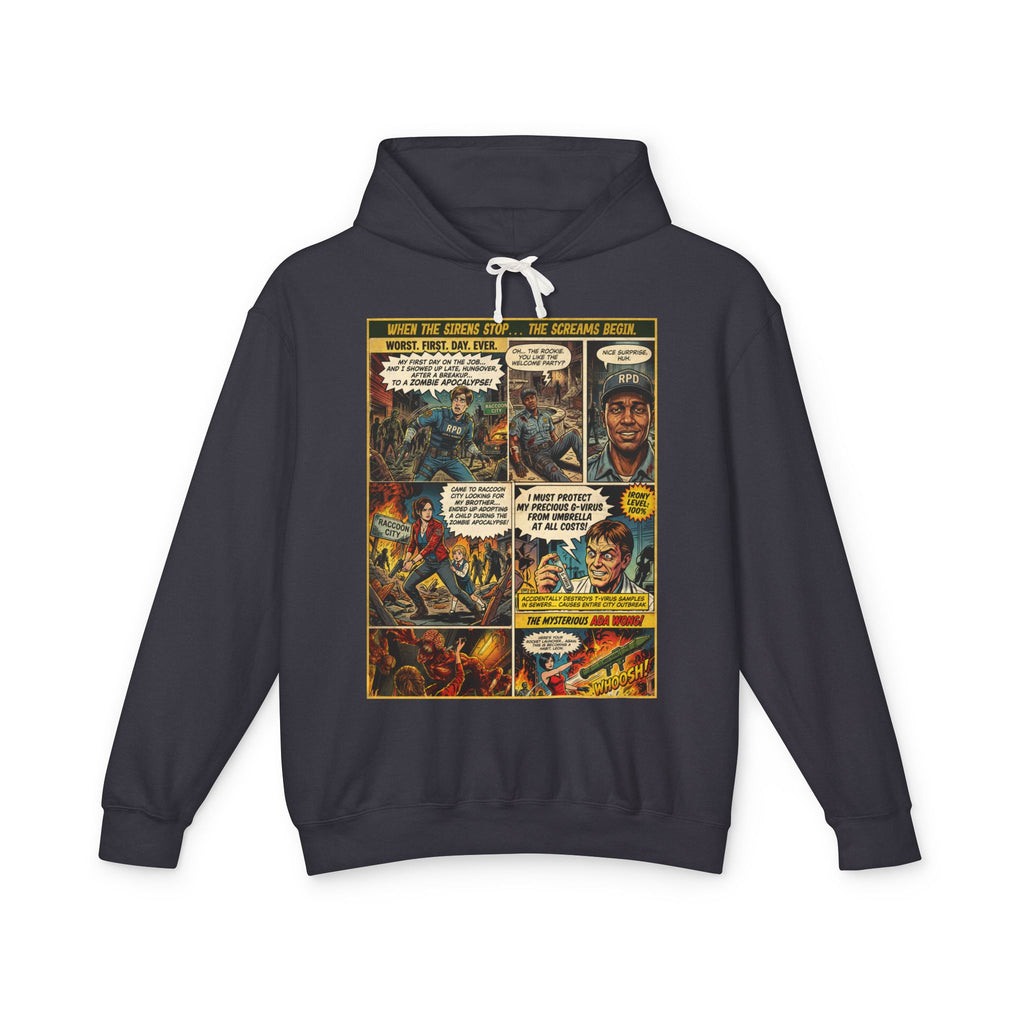 Resident Evil 2 Comic Cover Gaming Hoodie featuring unique vintage comic cover art. High-quality gaming apparel for retro fans by SukiPrime