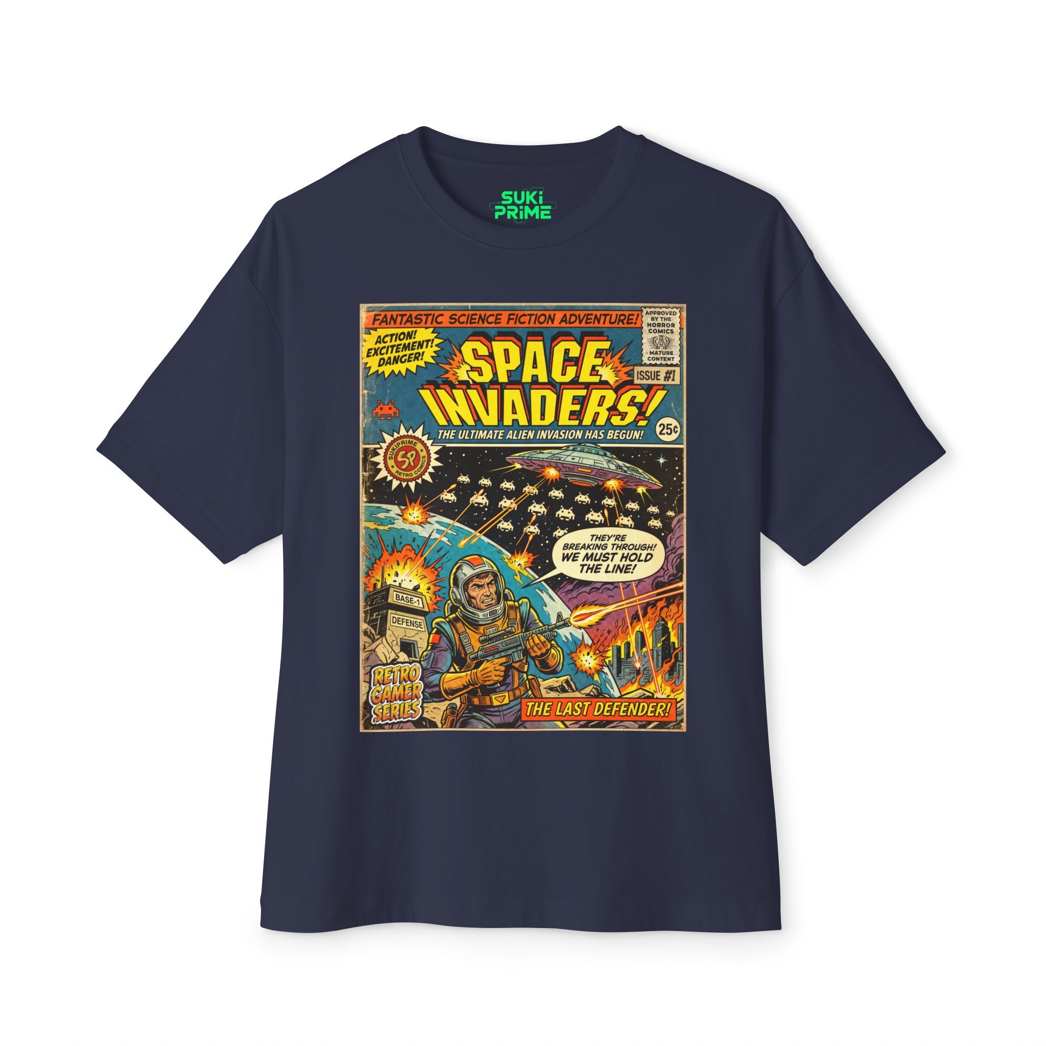 Blue Space Invaders Comic Art Oversized T-Shirt by SukiPrime