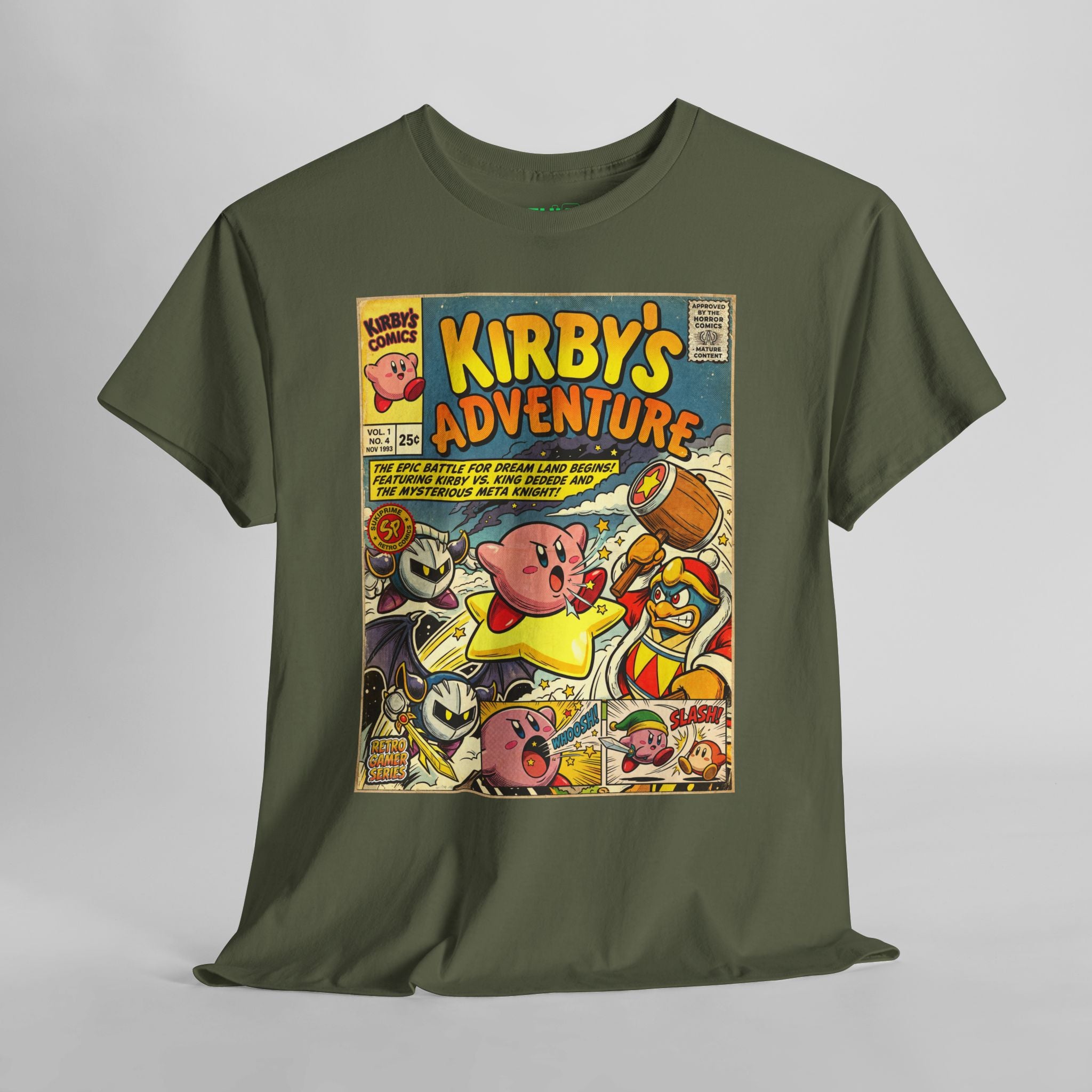 Military green Kirby's Adventure Comic Cover T-Shirt by SukiPrime