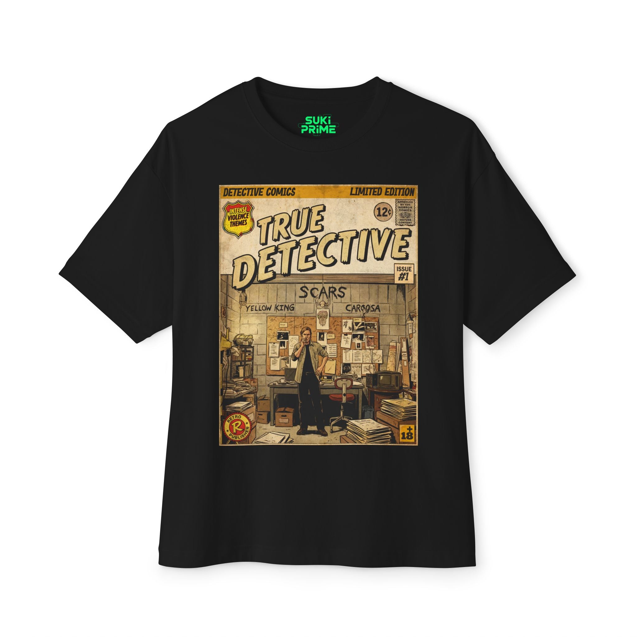 Shop Retro Vintage Comic Cover The True Detective oversized unisex t‑shirt by SukiPrime. Exclusive TV-series inspired design with nostalgic comic-cover style.