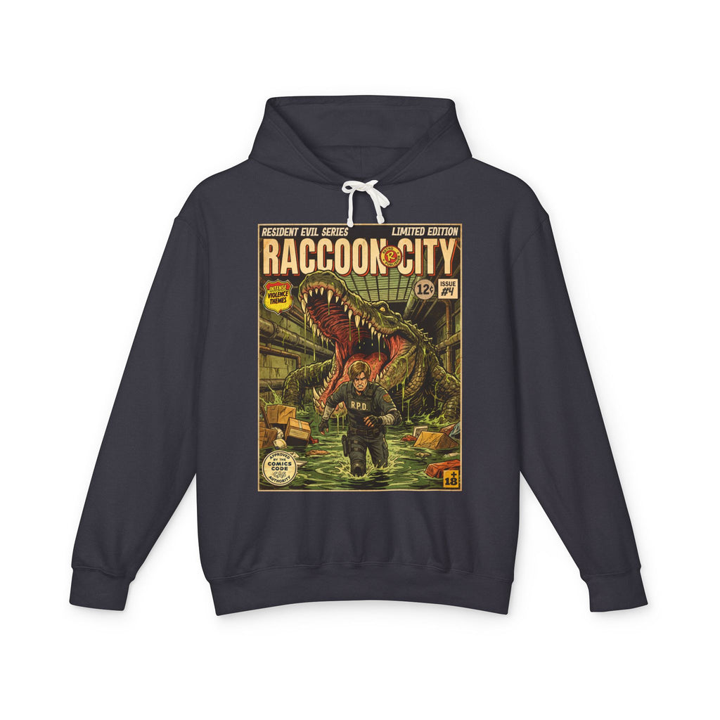 Black hoodie with 'Raccoon City' Resident Evil 2 Comic Cover Gaming Hoodie featuring unique vintage comic cover art. High-quality gaming apparel for retro fans