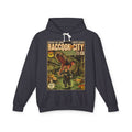 Black hoodie with 'Raccoon City' Resident Evil 2 Comic Cover Gaming Hoodie featuring unique vintage comic cover art. High-quality gaming apparel for retro fans