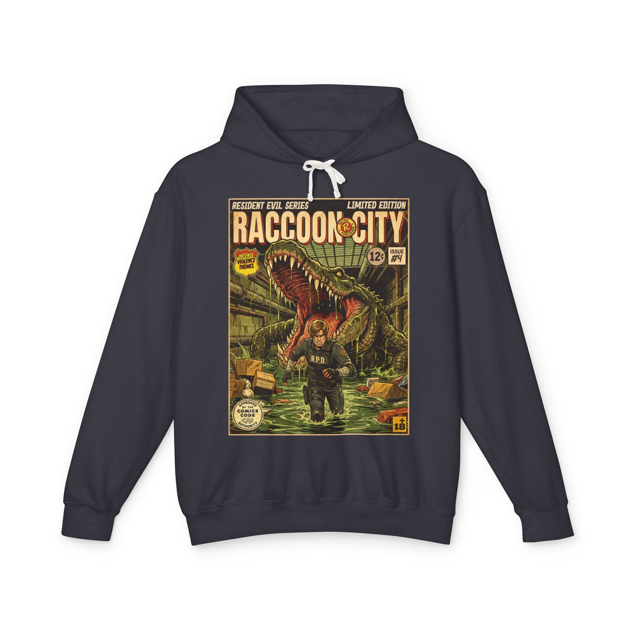 Black hoodie with 'Raccoon City' Resident Evil 2 Comic Cover Gaming Hoodie featuring unique vintage comic cover art. High-quality gaming apparel for retro fans