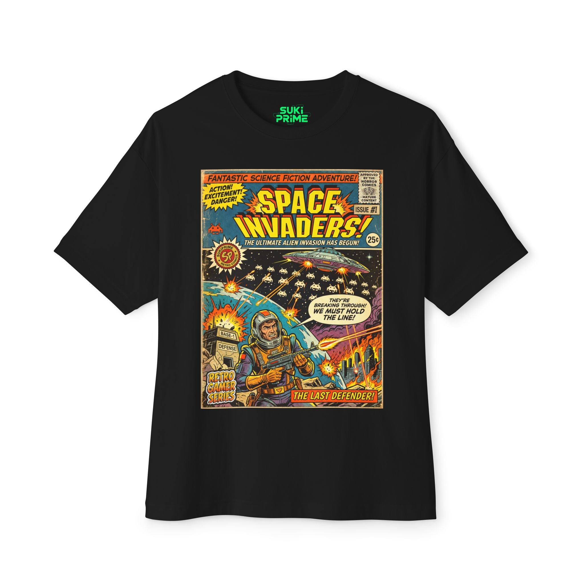 Black Space Invaders Comic Art Oversized T-Shirt by SukiPrime
