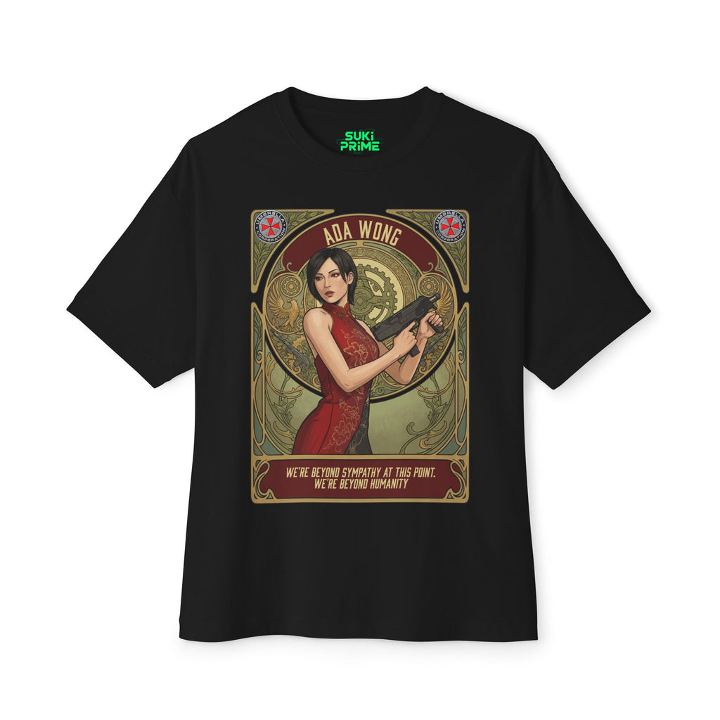 Black t-shirt with Ada Wong graphic design on a white background featuring unique vintage comic cover art, High-quality gaming apparel for retro horror fans by sukiprime