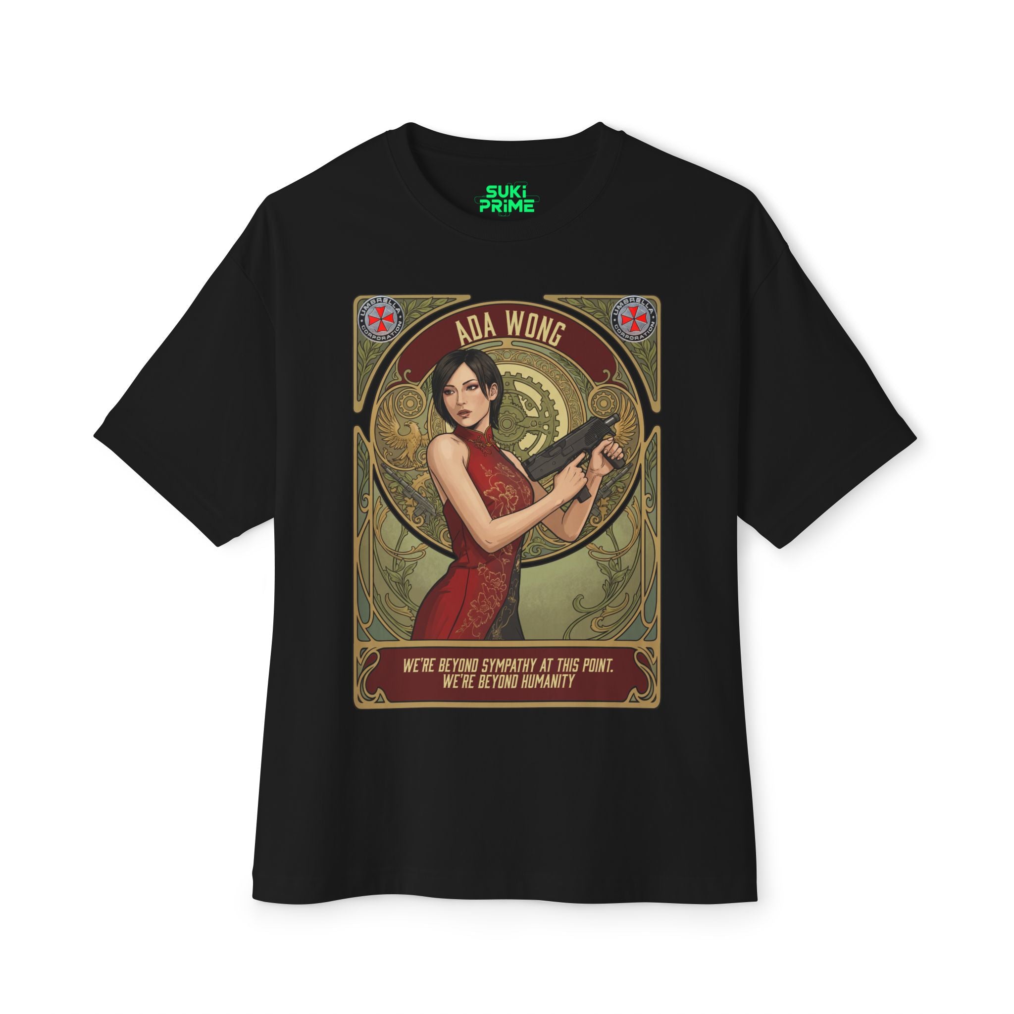 Black t-shirt with Ada Wong graphic design on a white background featuring unique vintage comic cover art, High-quality gaming apparel for retro horror fans by sukiprime