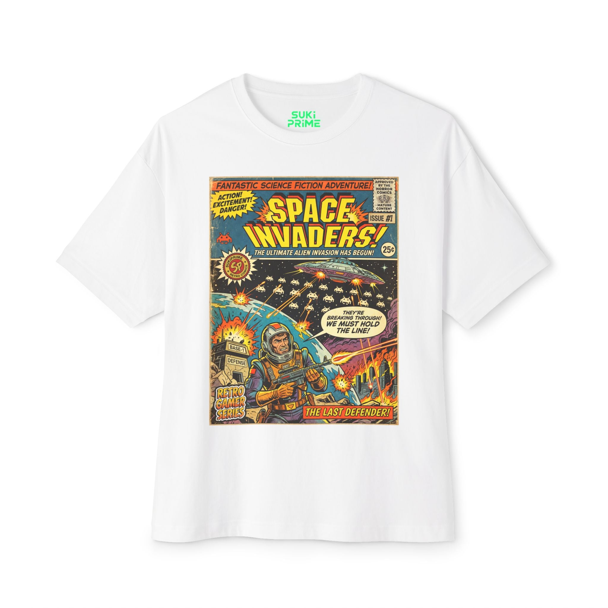 White Space Invaders Comic Art Oversized T-Shirt by SukiPrime