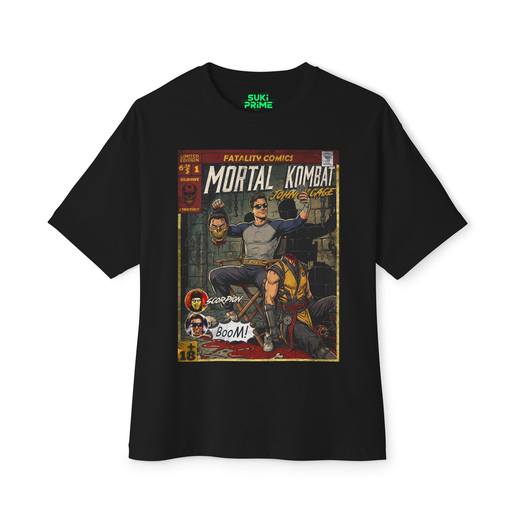 Black t-shirt with 'Mortal Kombat' graphic design on a white background featuring unique vintage comic cover art, High-quality gaming apparel for retro horror fans by sukiprime
