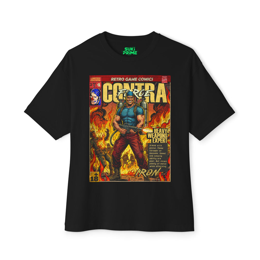 Black t-shirt with a graphic design of a character holding a gun on a white background featuring unique vintage comic cover art, High-quality gaming apparel for retro horror fans by sukiprime