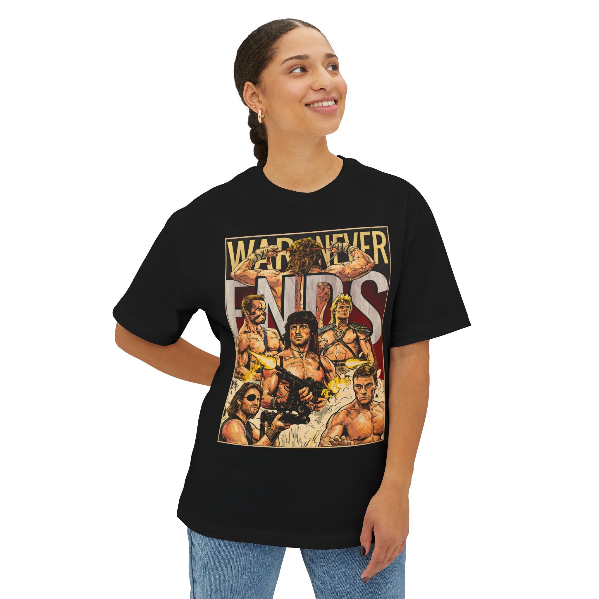 War Never Ends, Classic 80s Movie Comic Cover Oversized T-Shirt