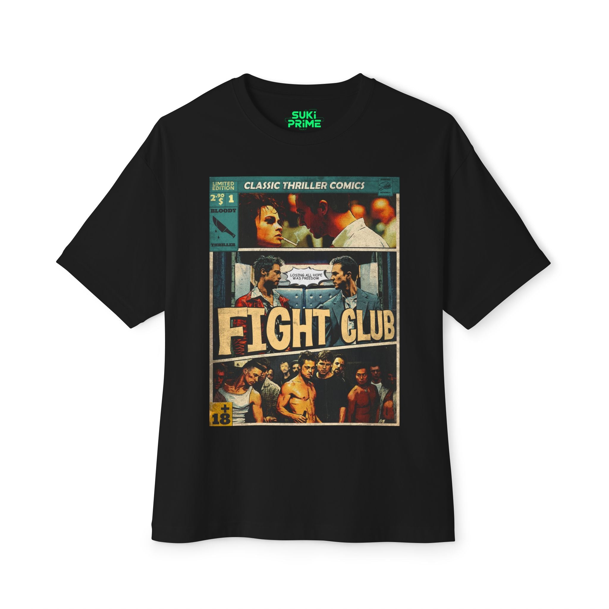 A black oversized t-shirt featuring a vintage comic book style graphic for the movie 'Fight Club.' The design resembles a 'Classic Thriller Comics' cover, showcasing three panels with characters Marla Singer, Tyler Durden, and the Narrator. The title 'FIGHT CLUB' is prominently displayed in bold, yellow-to-white gradient lettering at the center.