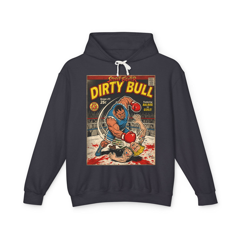 Black hoodie with 'Dirty Bull' balrog and guile fight in street fighter game comic book cover design on a white background featuring retro vintage comic cover art gaming hoodie designed by SukiPrime