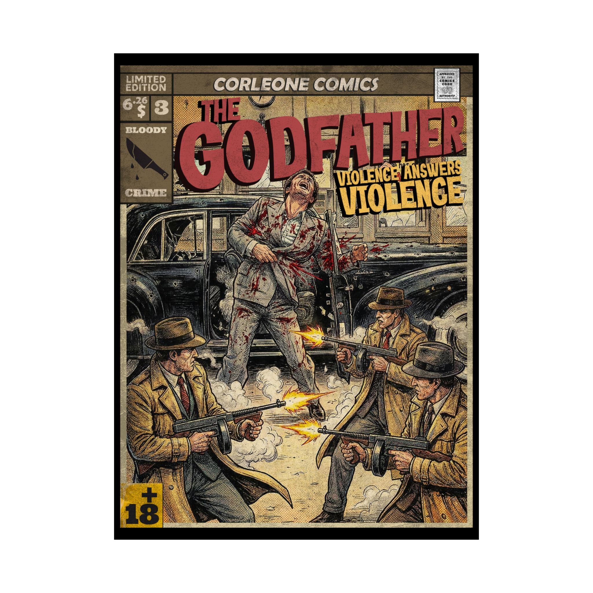 The Godfather The Godfather Movie Poster designed with retro vintage comic book cover style. Movie poster is satin (300gsm) 18″ x 24″ (Vertical) for retro wall decoration. exclusive and unique design by SukiPrime
