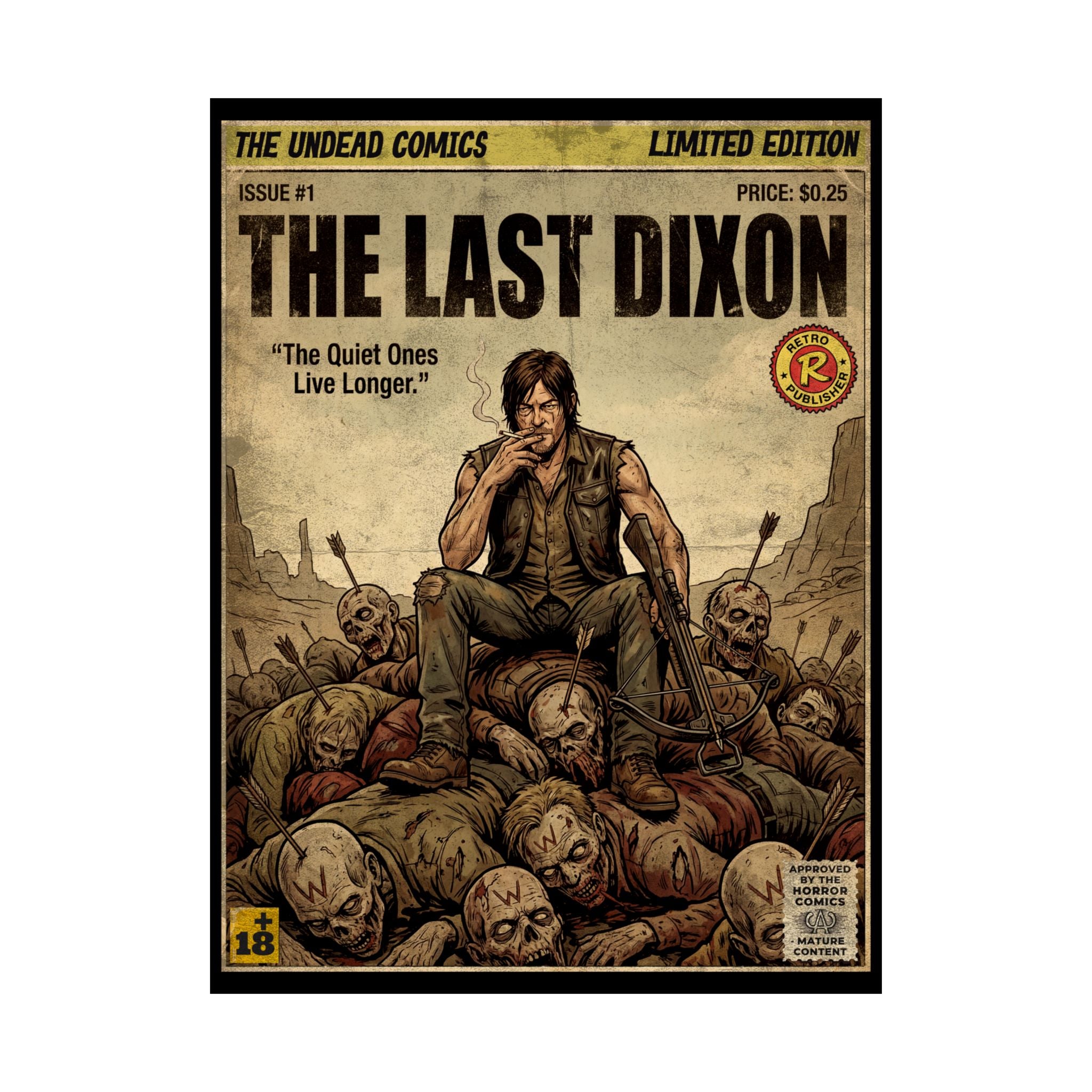 The Walking Dead TV series wall art in a retro vintage comic-cover style. Exclusive SukiPrime design, Satin Poster 300gsm, 18×24 vertical—perfect for bedroom, office, or home theater decor.